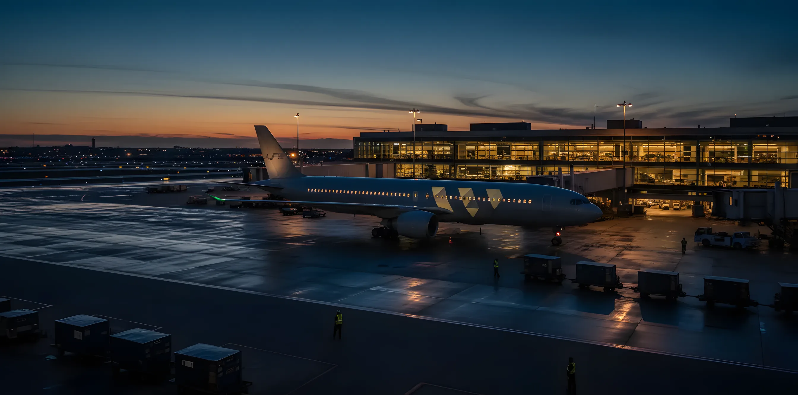 A wide-body airplane parked at a modern airport terminal gate at dusk.
