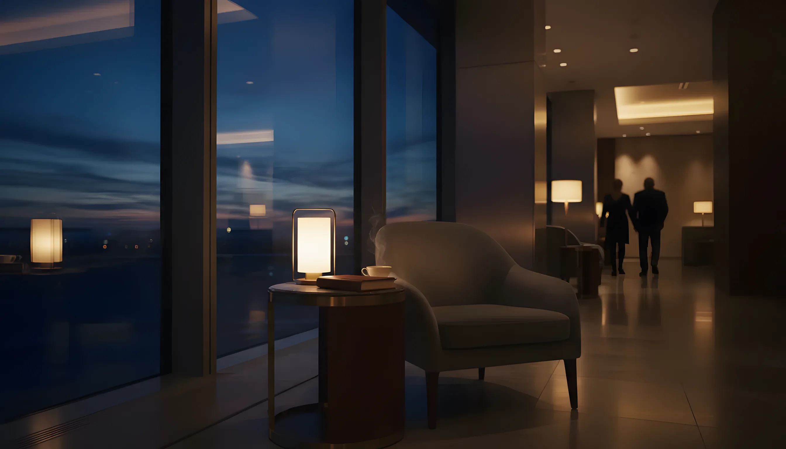 A single empty armchair sits in a quiet, sunlit corner of a modern, luxury airport lounge.