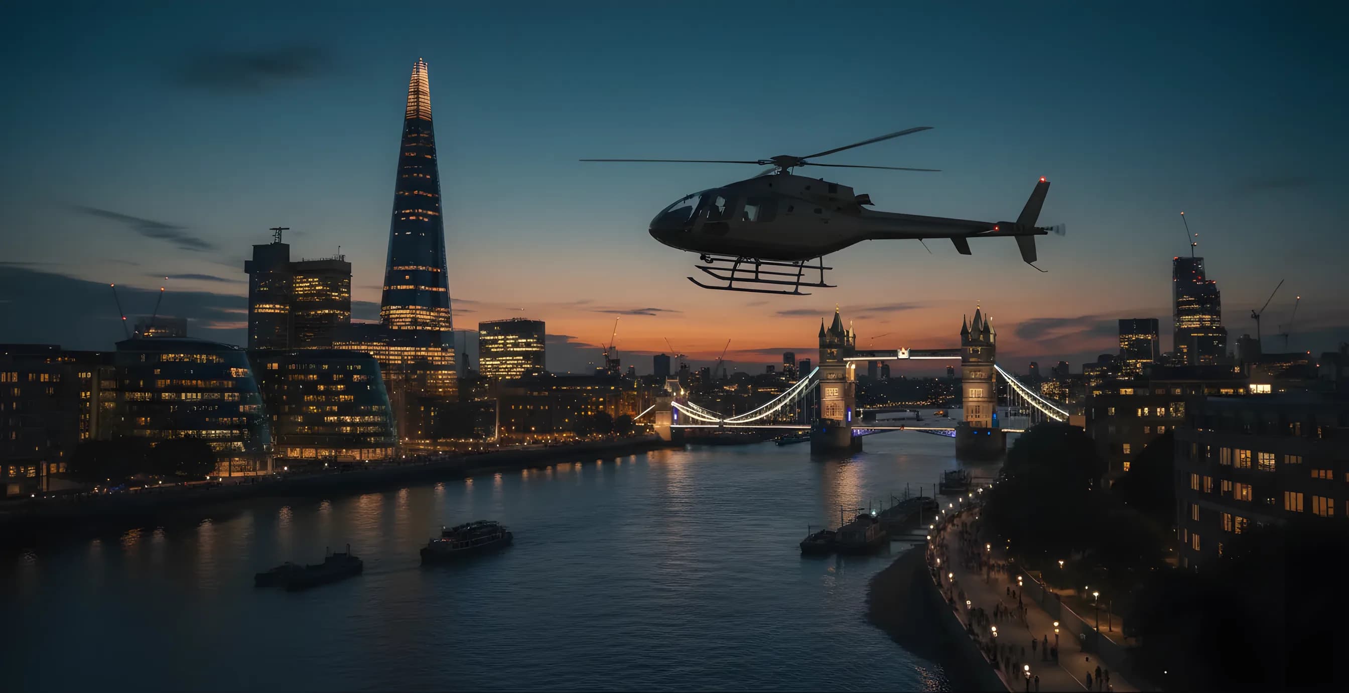 A helicopter flies over the River Thames with the London skyline at dusk.