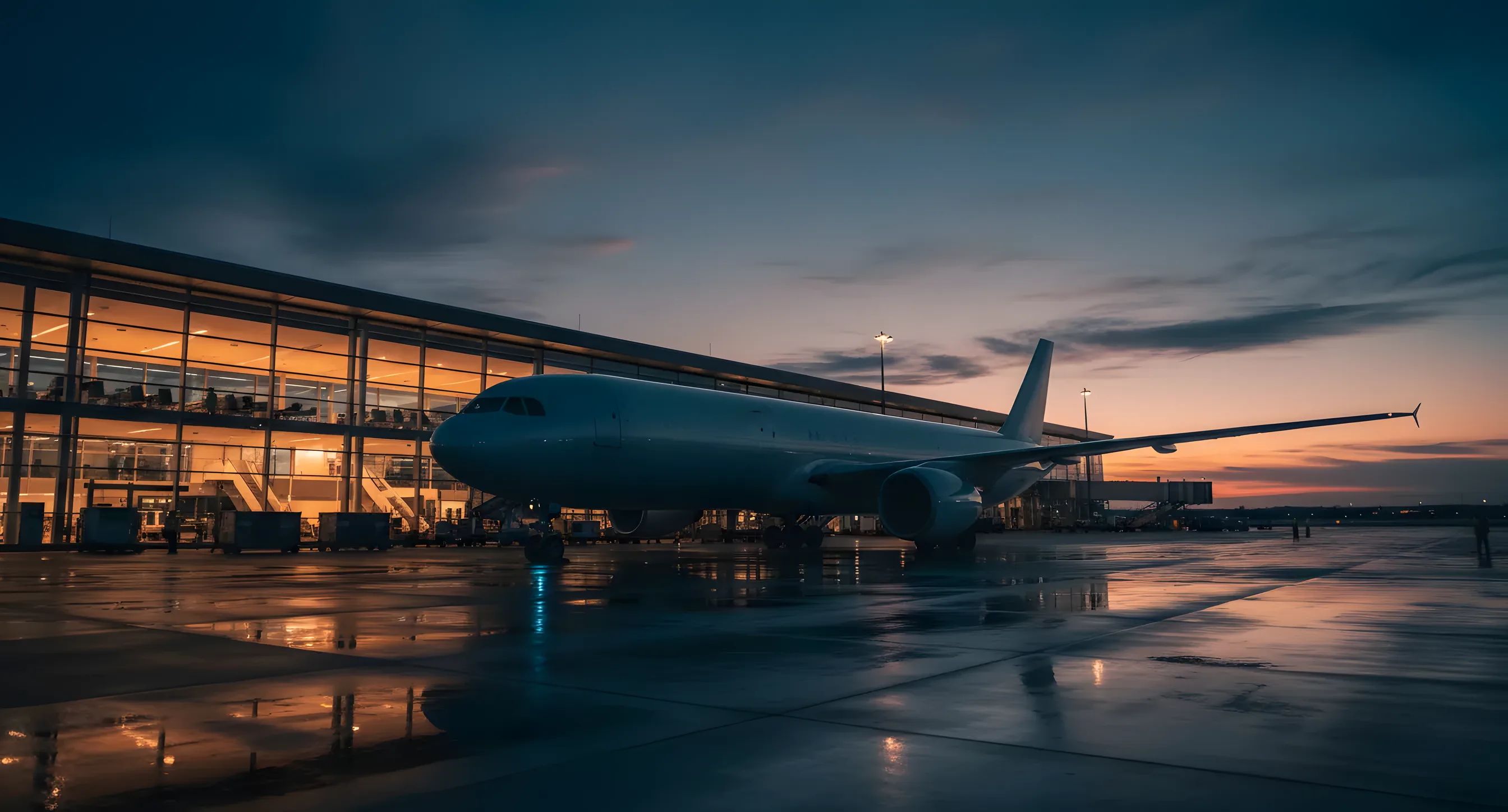 A large passenger jet parked at a modern airport terminal gate at dusk.