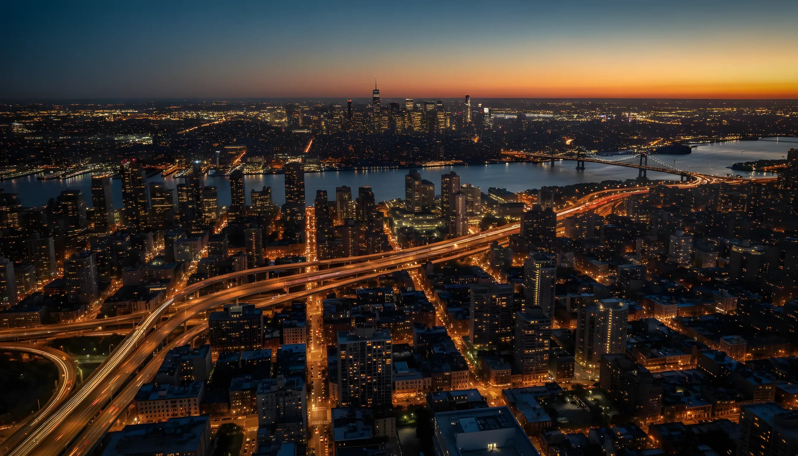 Aerial view of the New York City skyline at dusk, with light trails from traffic on highways connecting New Jersey and Queens.