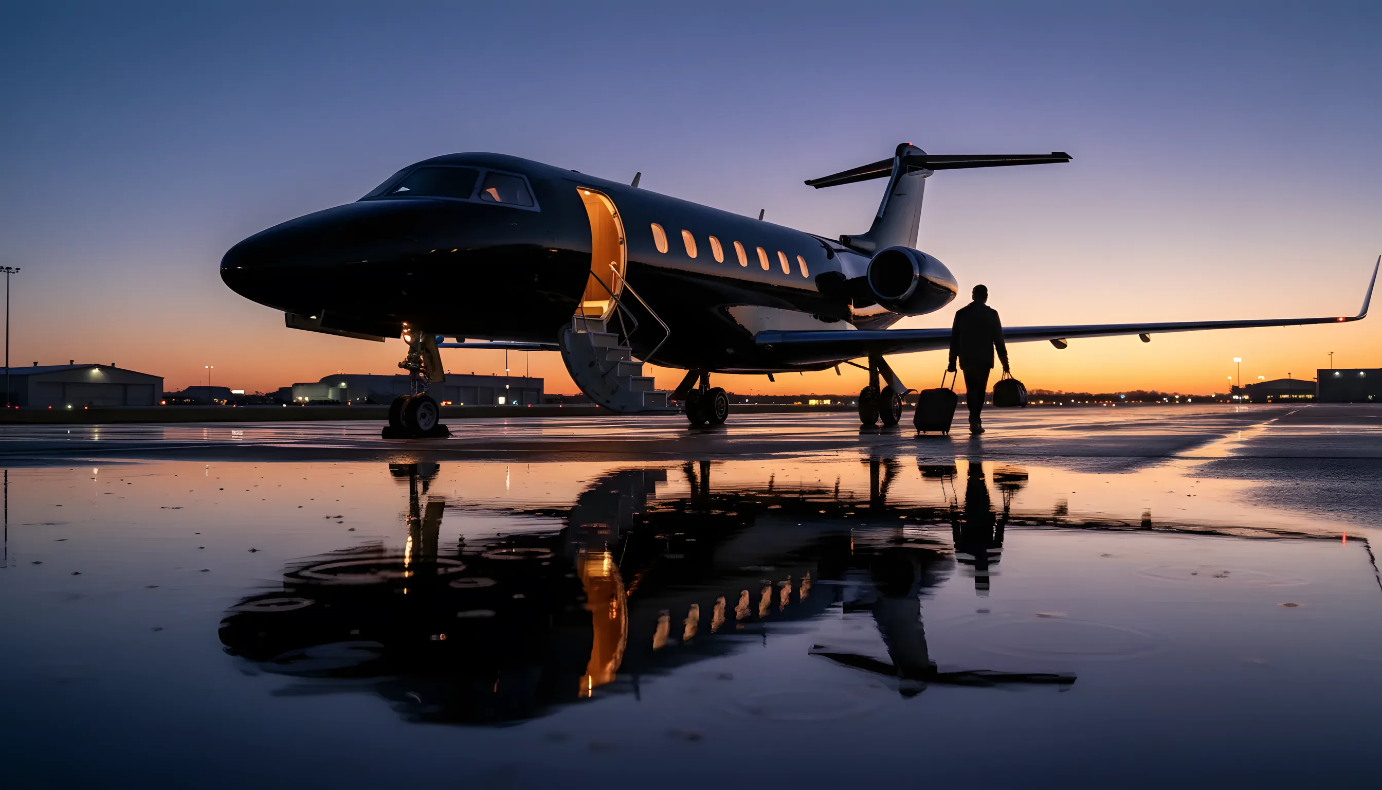 A private jet on an airport tarmac at dusk, with cabin lights on and a person walking towards the stairs.