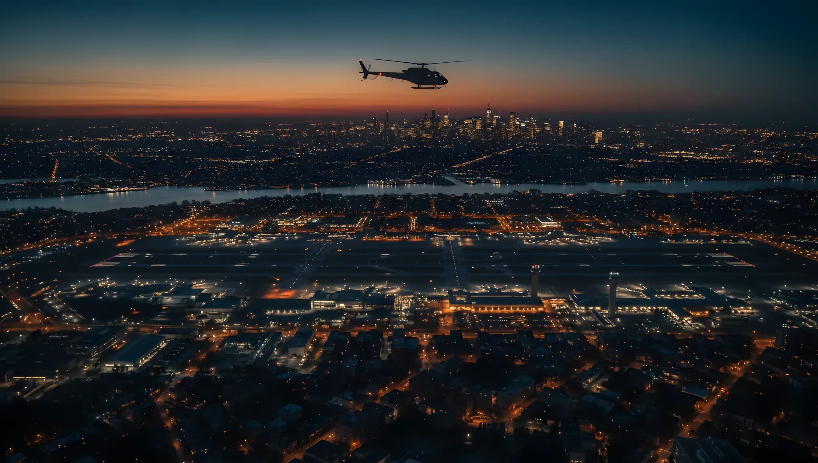 Aerial view of a New York City airport at dusk with the Manhattan skyline in the distance.
