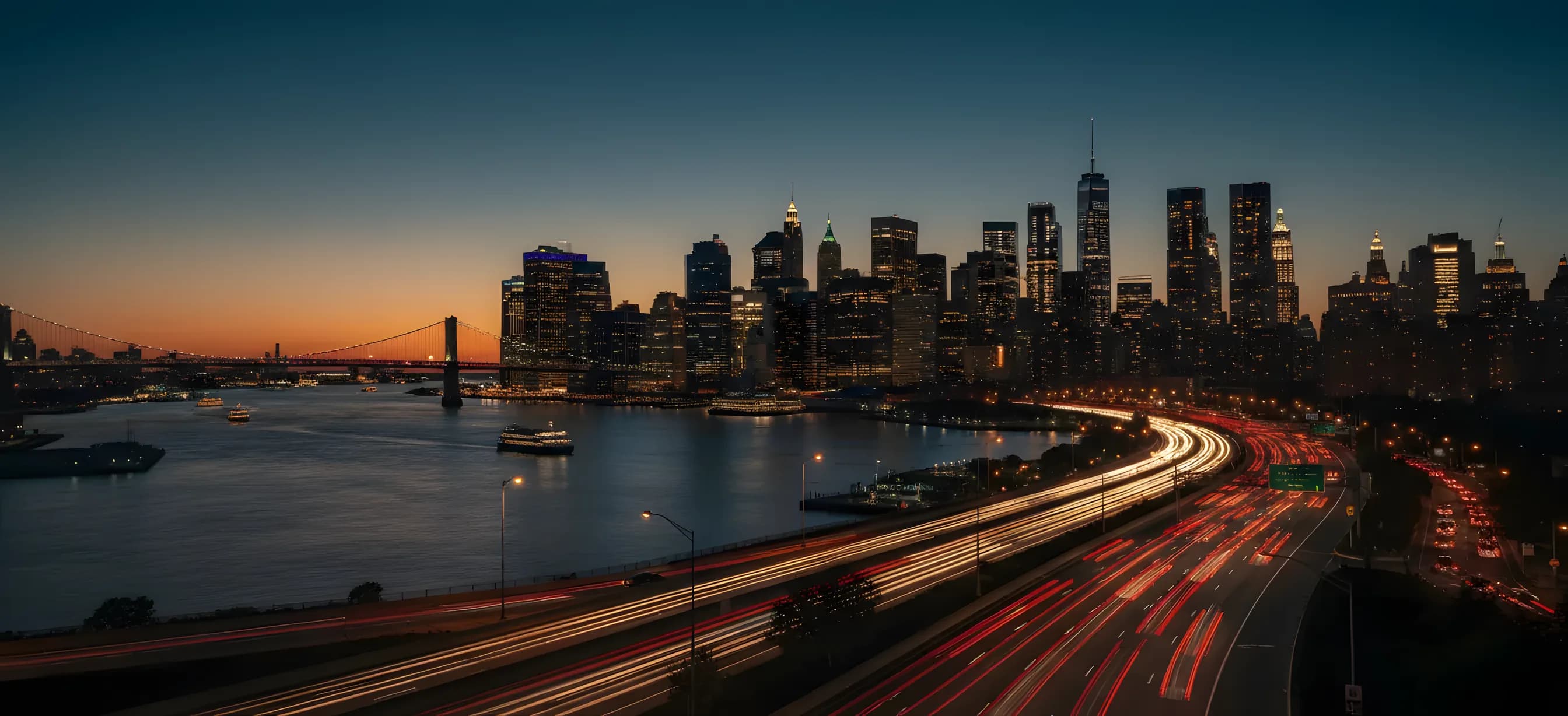A highway in New Jersey with light trails from cars, looking across a river towards the Manhattan skyline at dusk.