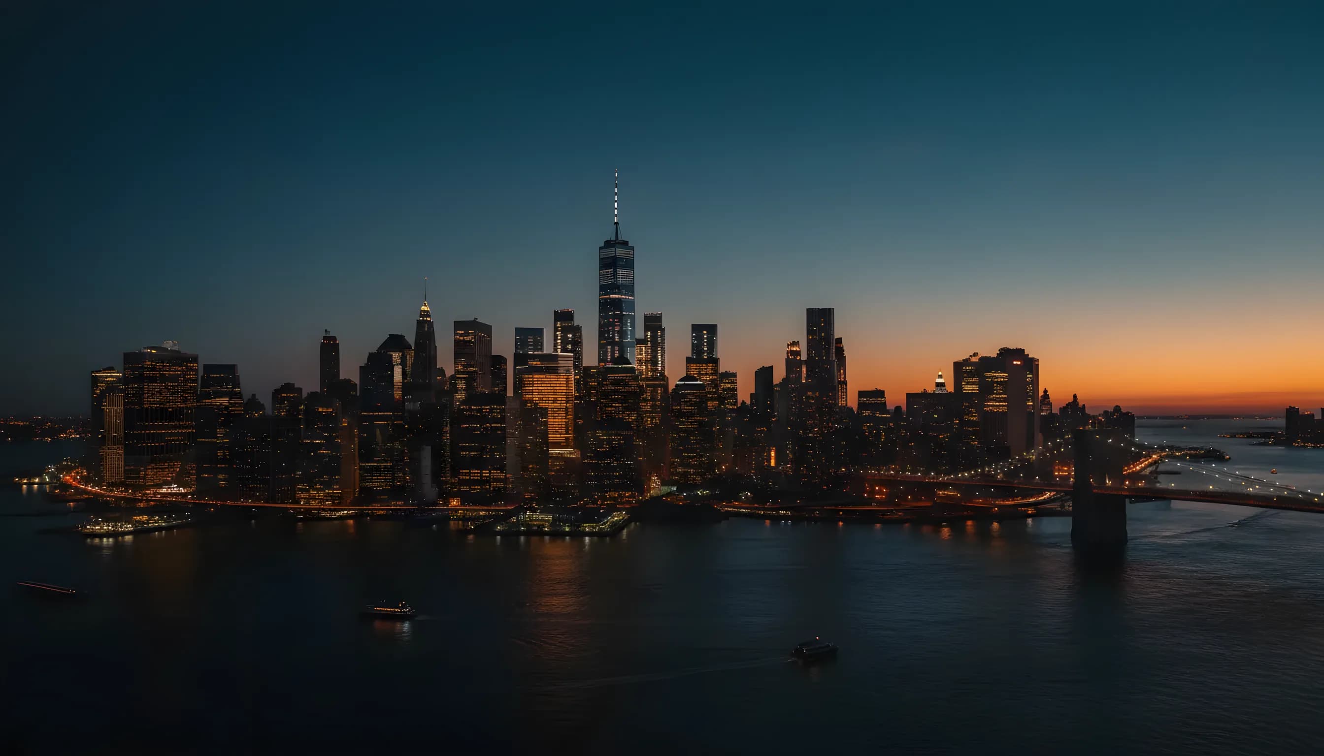 Aerial view of Lower Manhattan and the Financial District at blue hour.