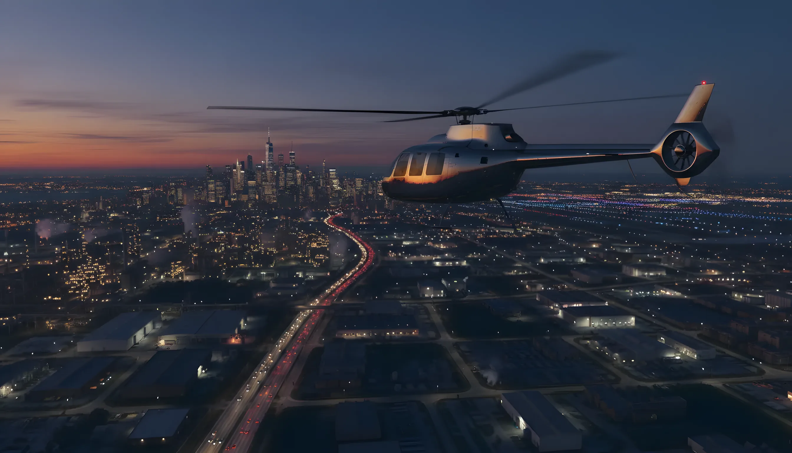 A helicopter flies toward the Manhattan skyline at dusk.
