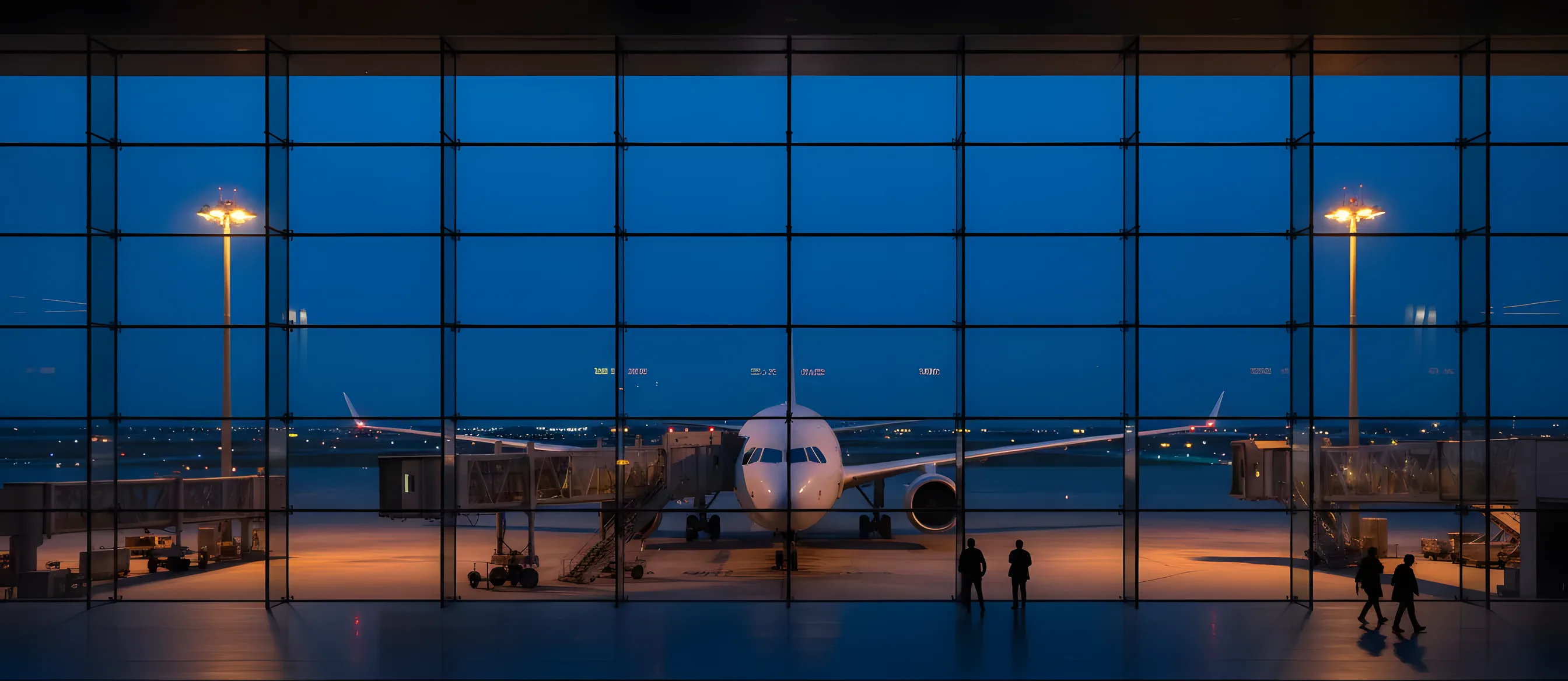 A modern airport terminal at dusk, with a passenger jet visible through the large windows.