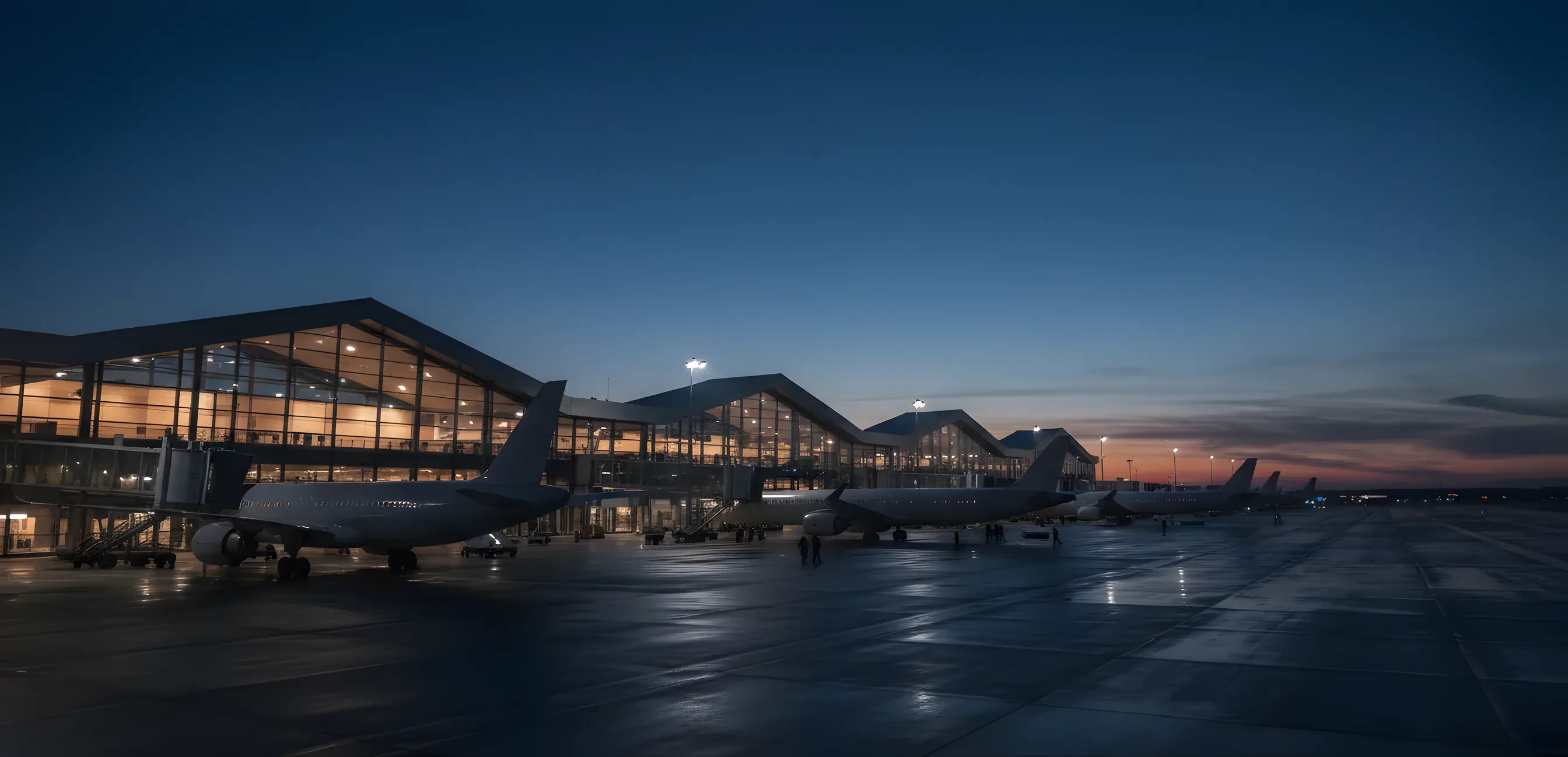 A modern airport terminal at dusk with several passenger jets parked at the gates.