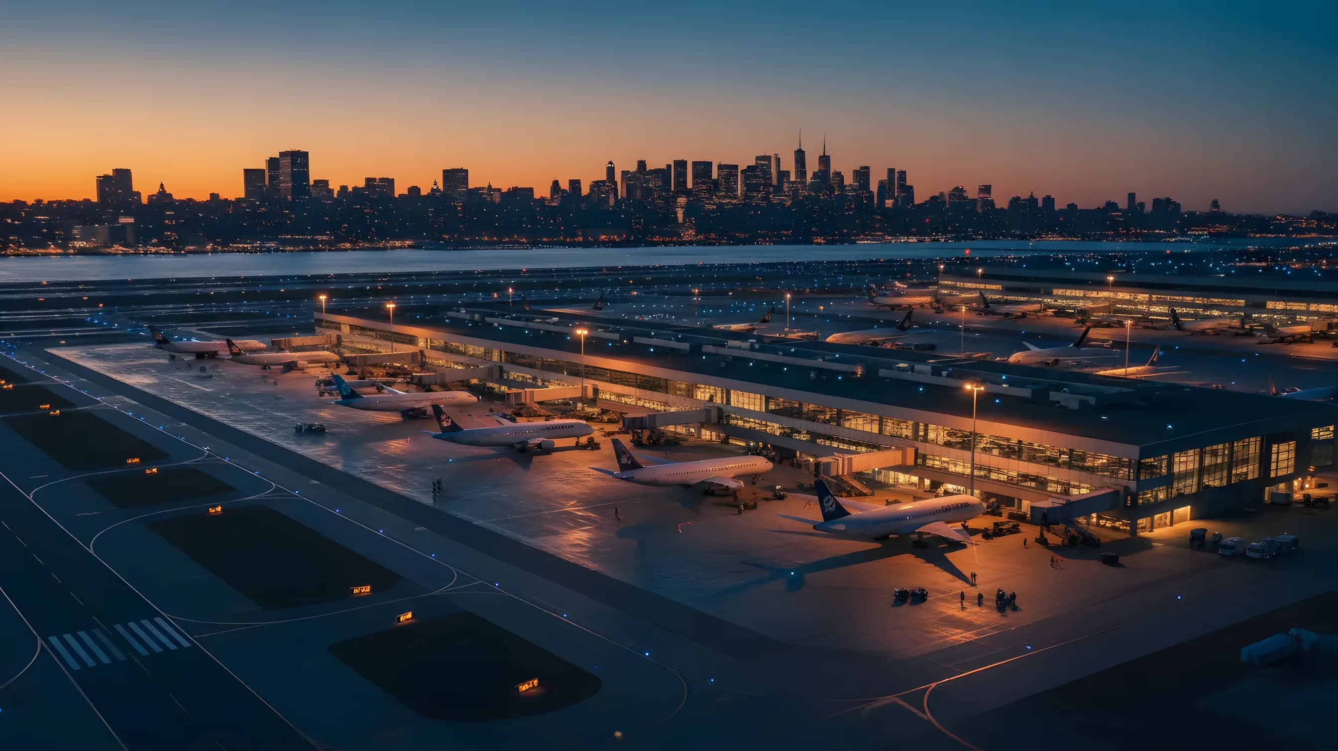 Aerial view of a large airport at dusk with the Manhattan skyline in the background.