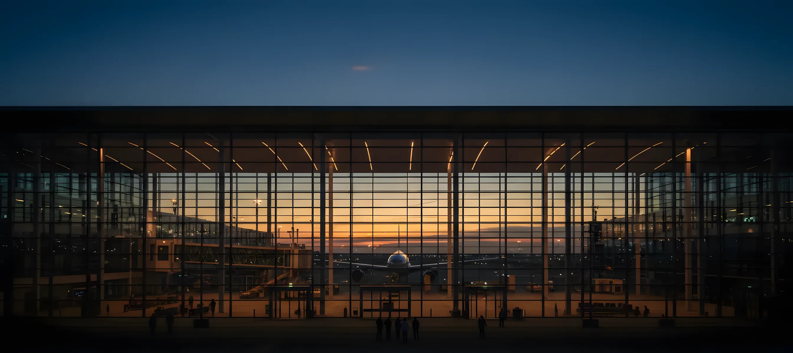 A modern glass airport terminal at dusk with a passenger jet visible at the gate.