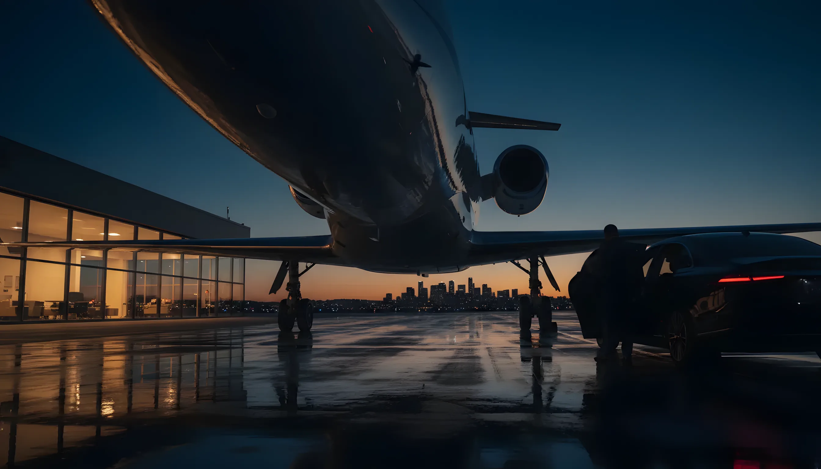 A private jet on an airport tarmac at dusk, with a luxury car in the foreground and a city skyline in the background.