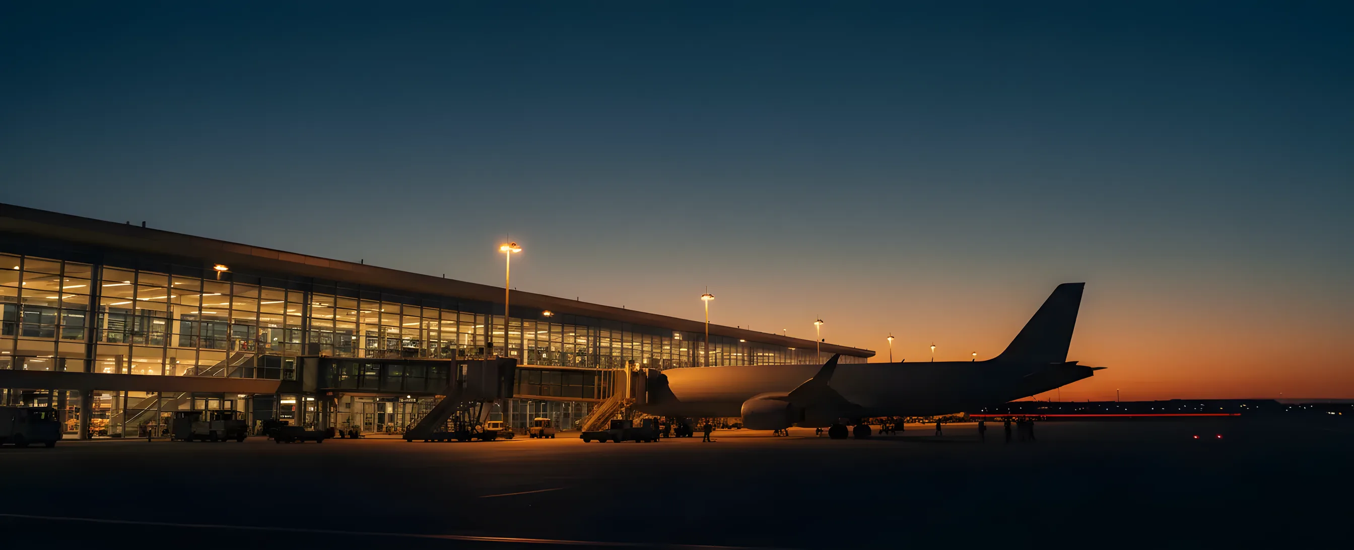 A modern airport terminal and a passenger jet on the tarmac at dusk.