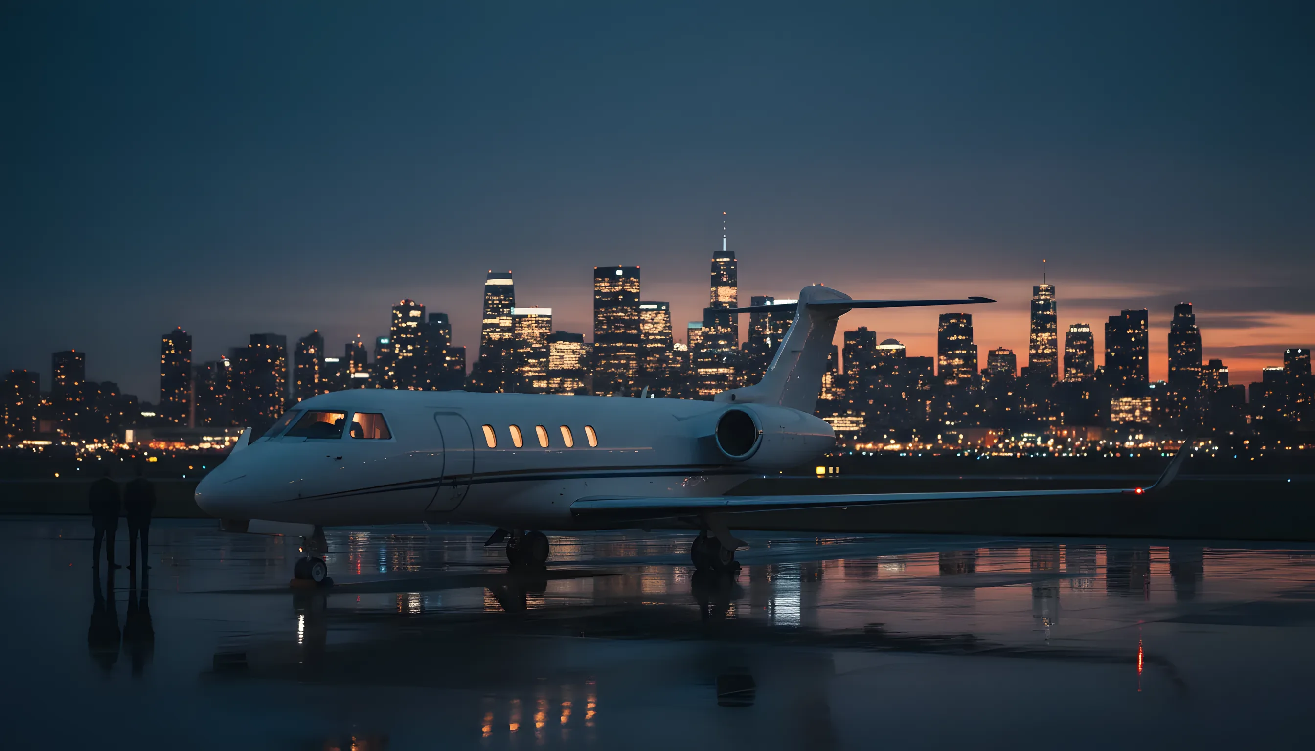 A private jet on an airport tarmac at dusk with a city skyline in the distance.