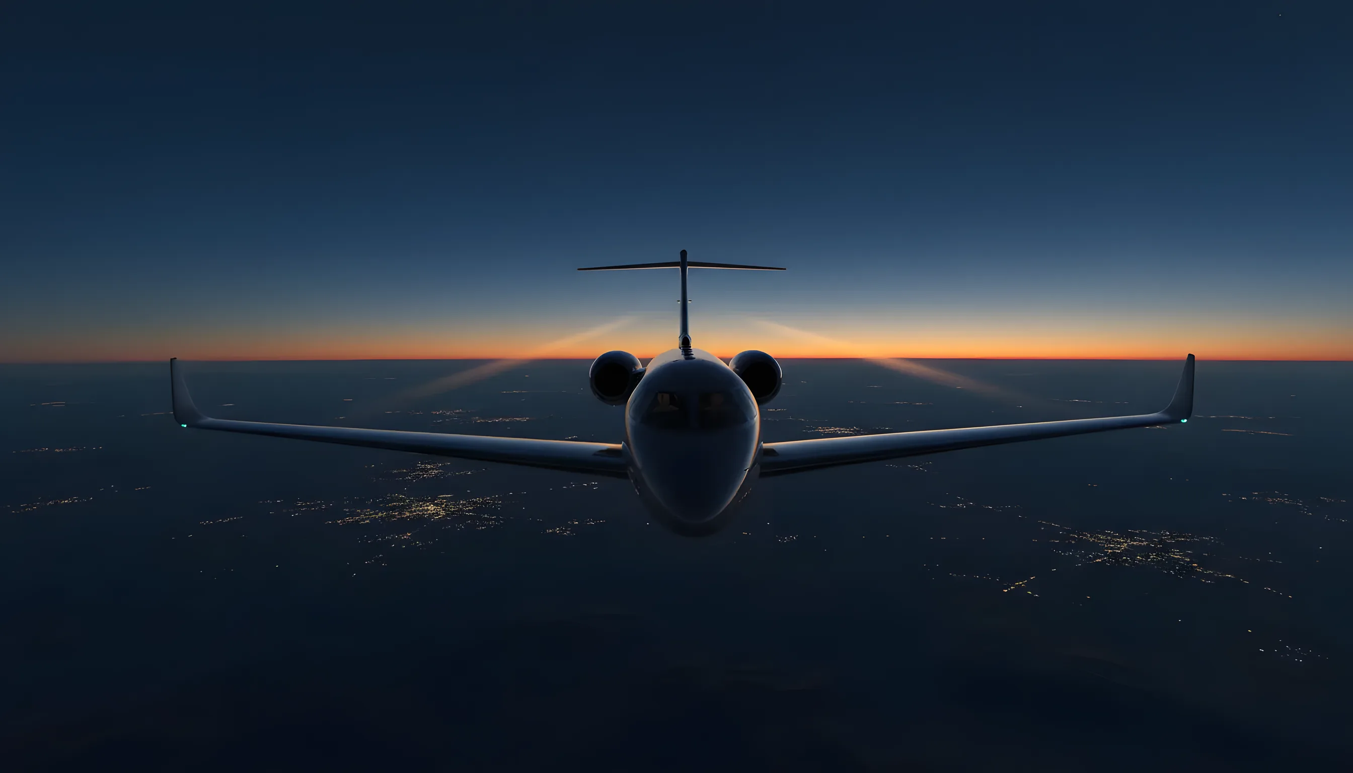 A private jet flies over a landscape at dusk.