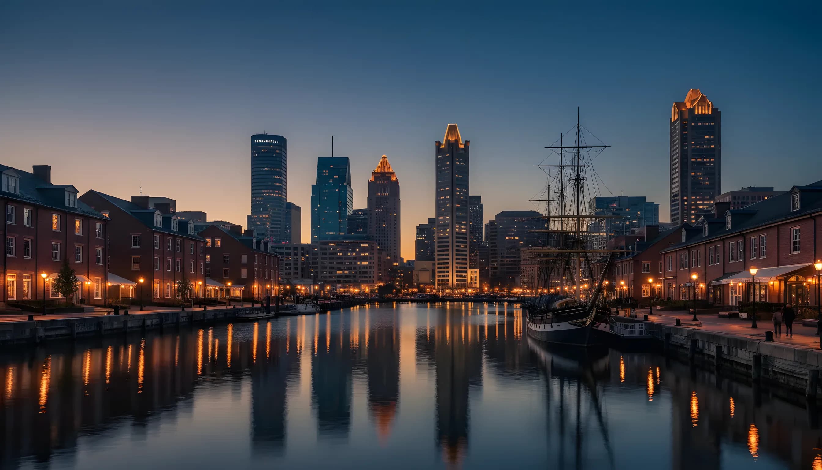 Baltimore's Inner Harbor at blue hour with a historic tall ship and the downtown skyline.