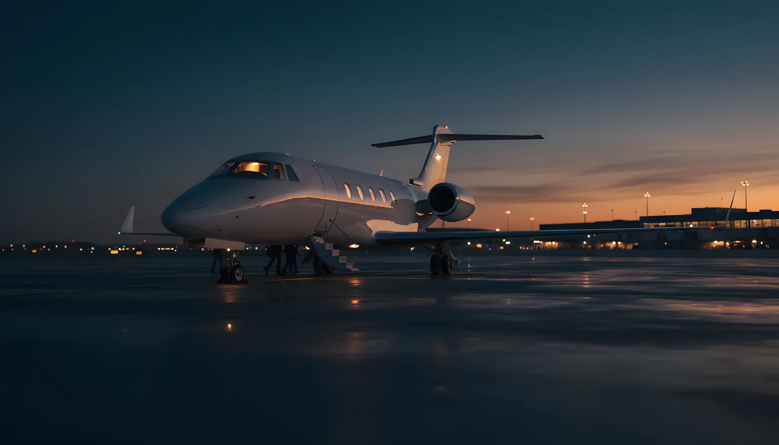 A white private jet parked on an empty airport tarmac at sunrise.