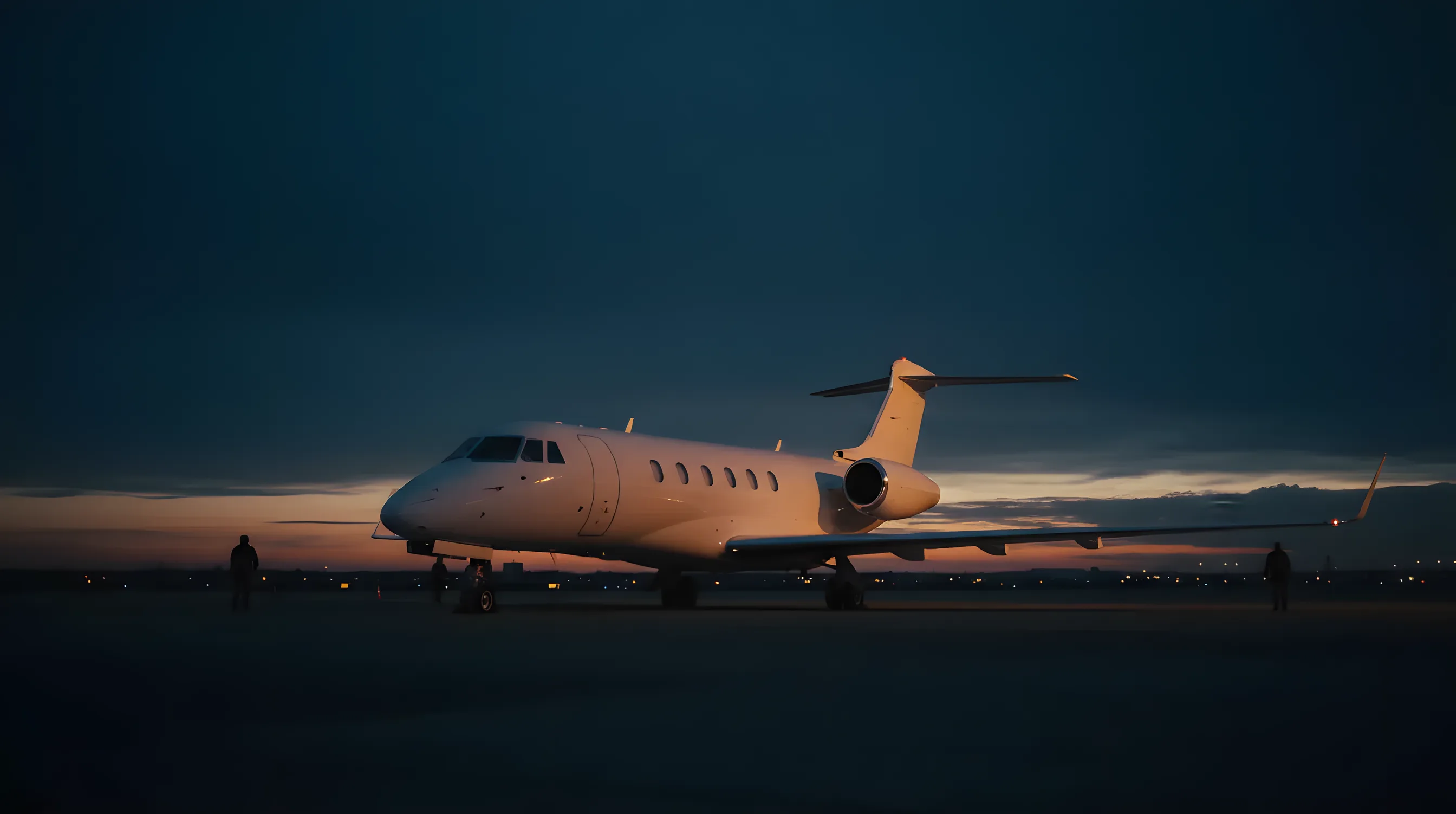 A white private jet parked on a quiet airport tarmac at sunrise.