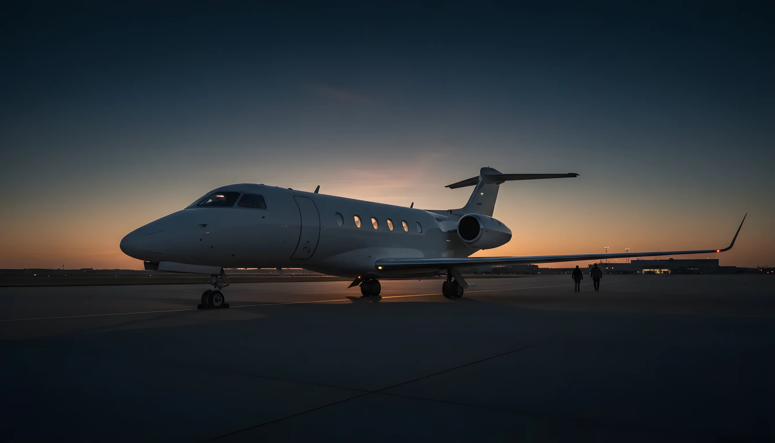 A luxury private jet parked on the tarmac at sunrise, with warm light glinting off its wing.