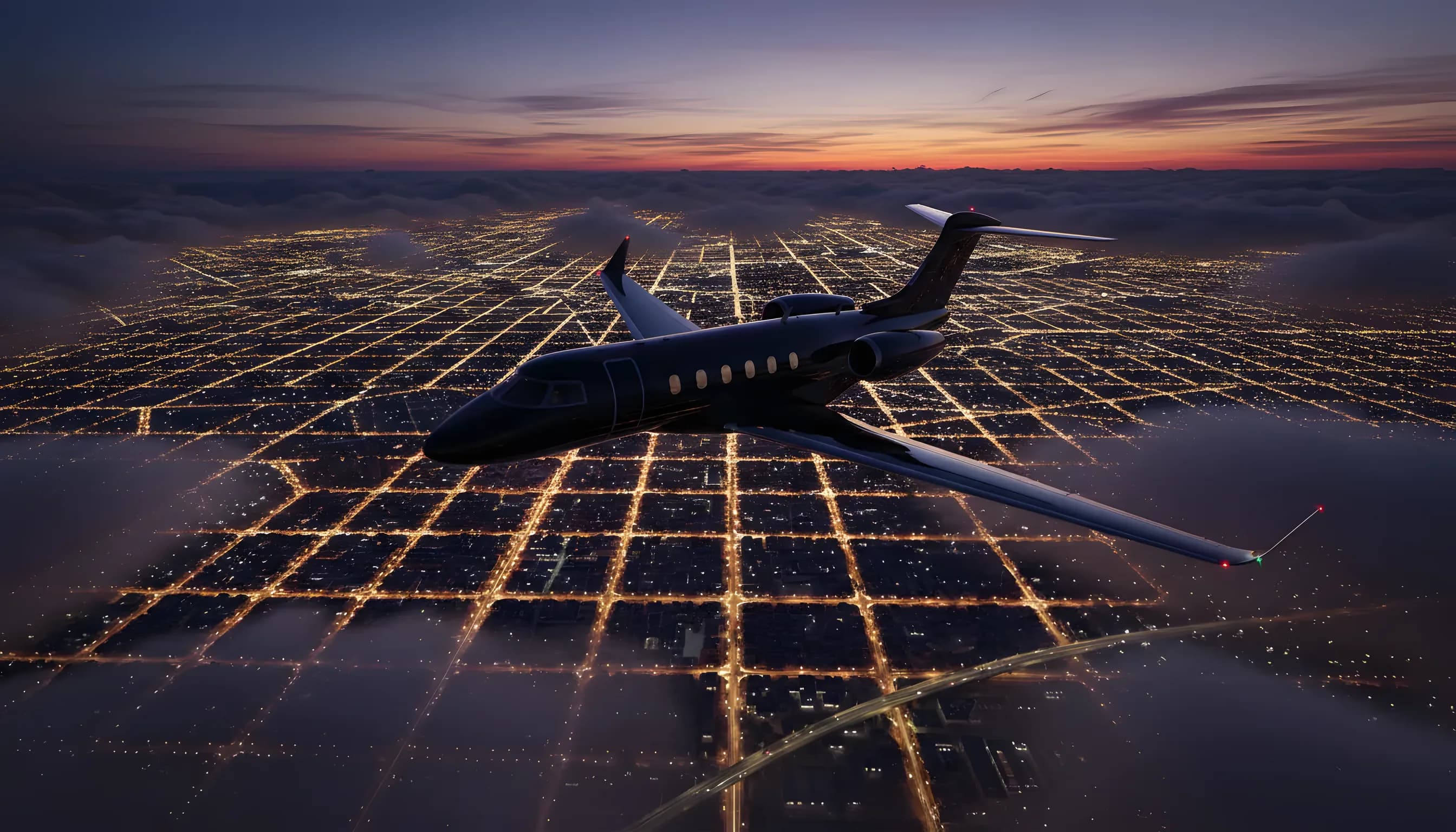 A private jet flies over a sprawling city grid at twilight.