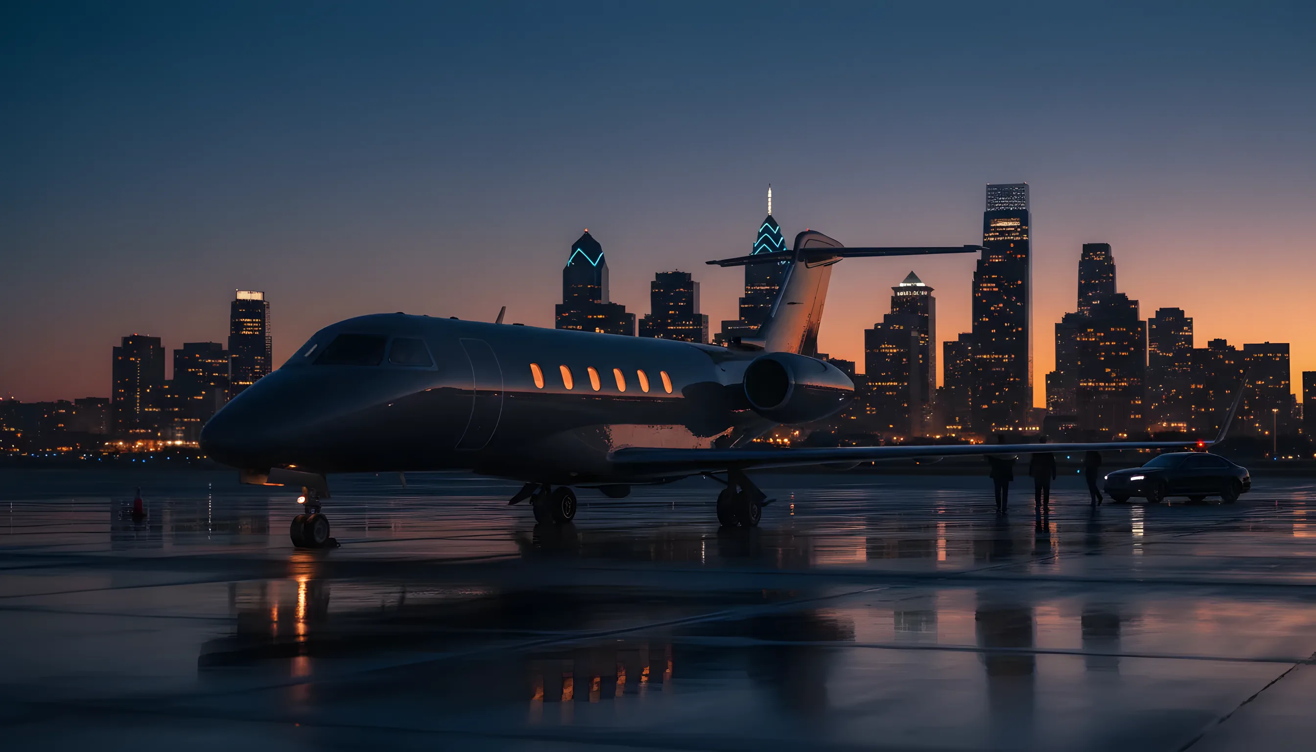 A private jet on an airport tarmac at dusk, with the Philadelphia skyline in the background.