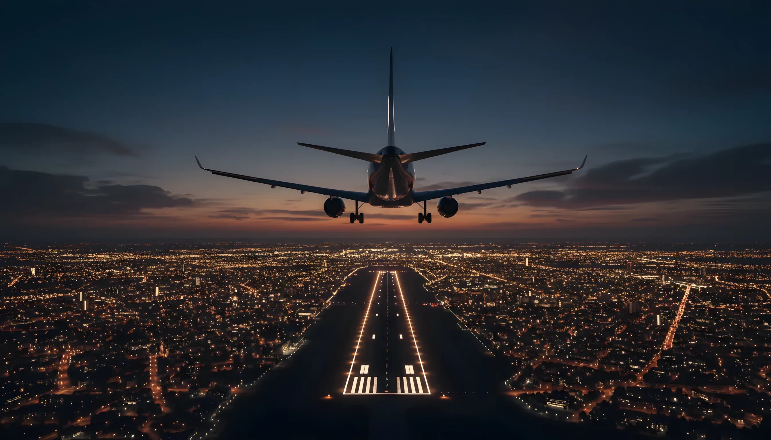 An airliner approaches a runway over the glowing lights of London at twilight.