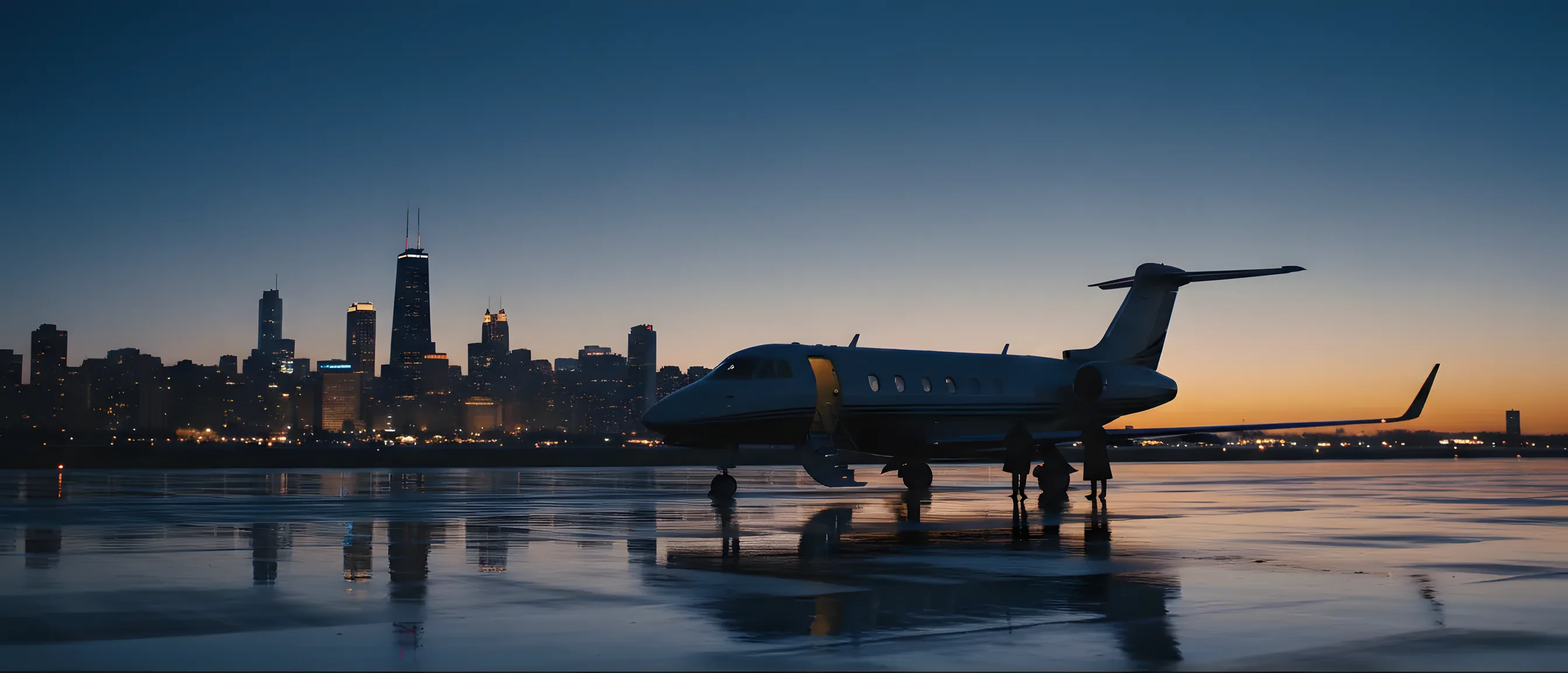 A private jet on an airfield at dusk with the Chicago skyline in the background.
