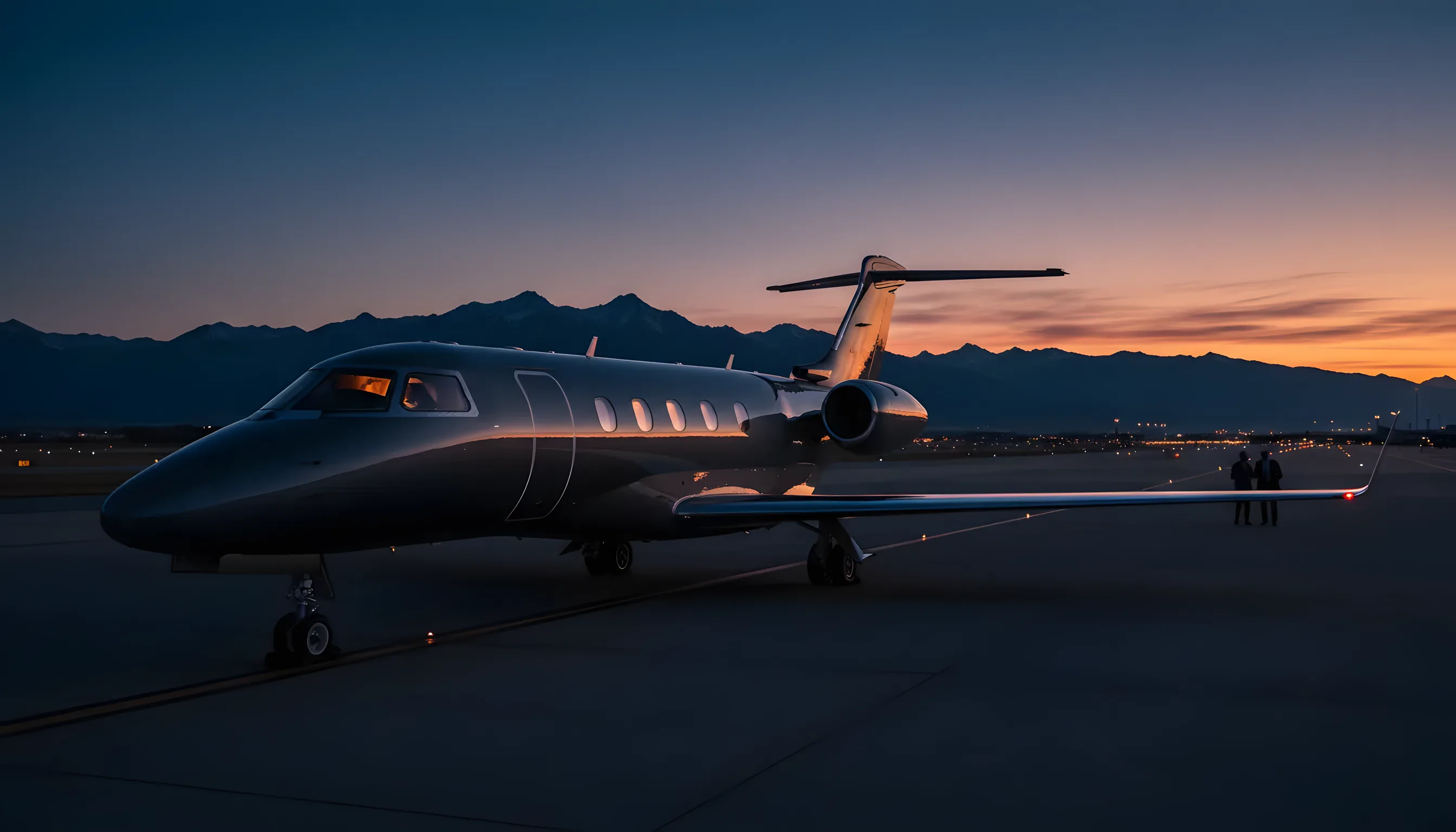 A private jet on an airport runway at dusk, with mountains in the background.