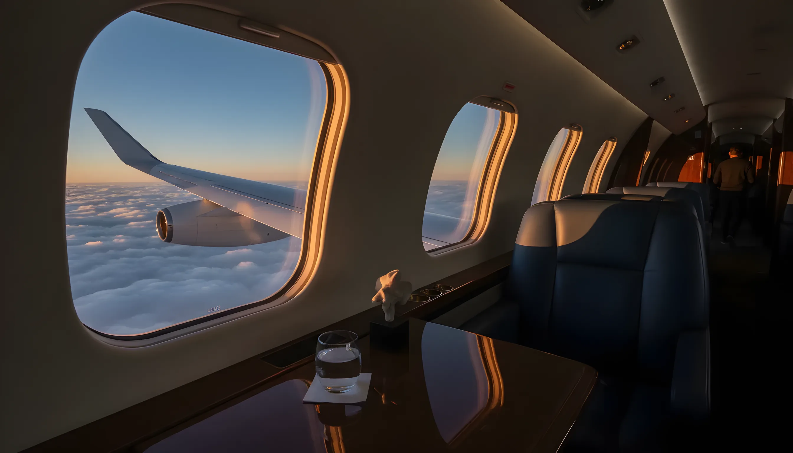 The sunlit, empty interior of a private jet, with a view of the wing and clouds from the window.