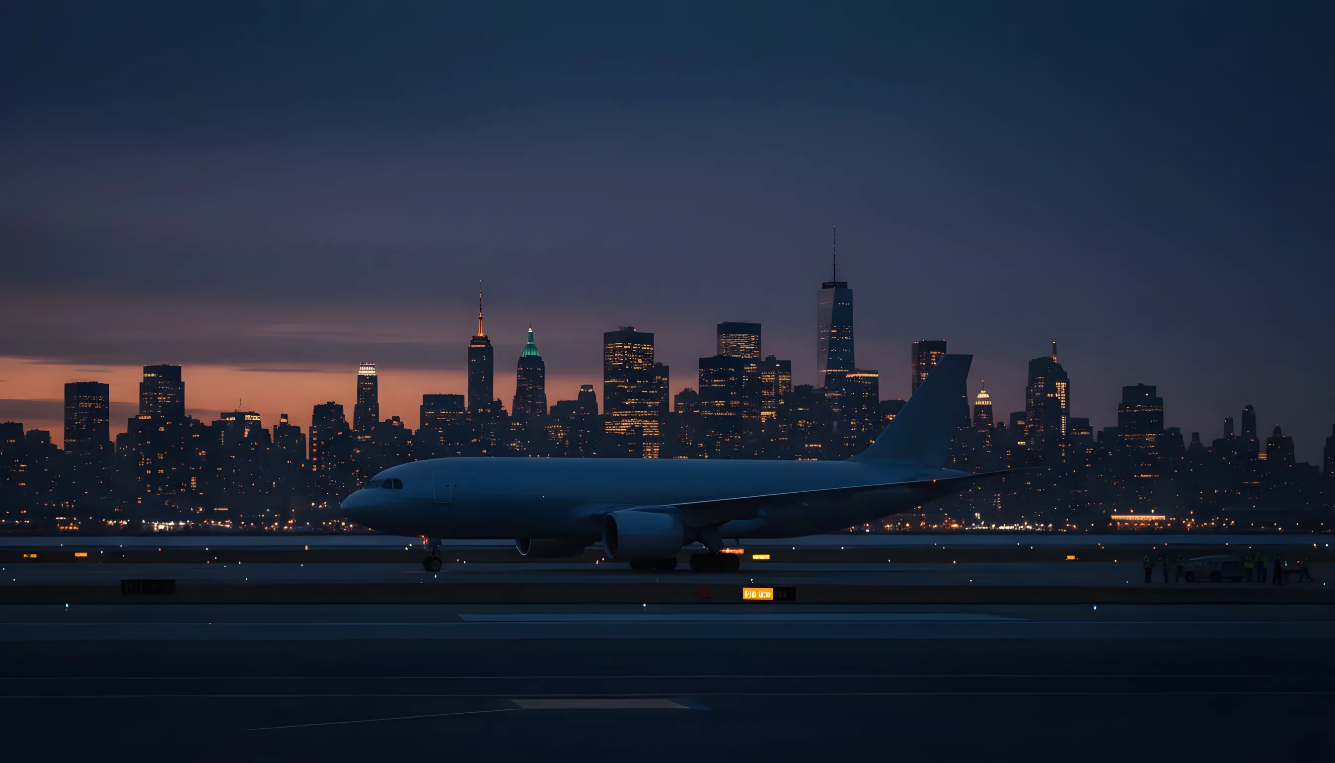 A passenger jet on an airport tarmac at dusk with the Manhattan skyline in the distance.