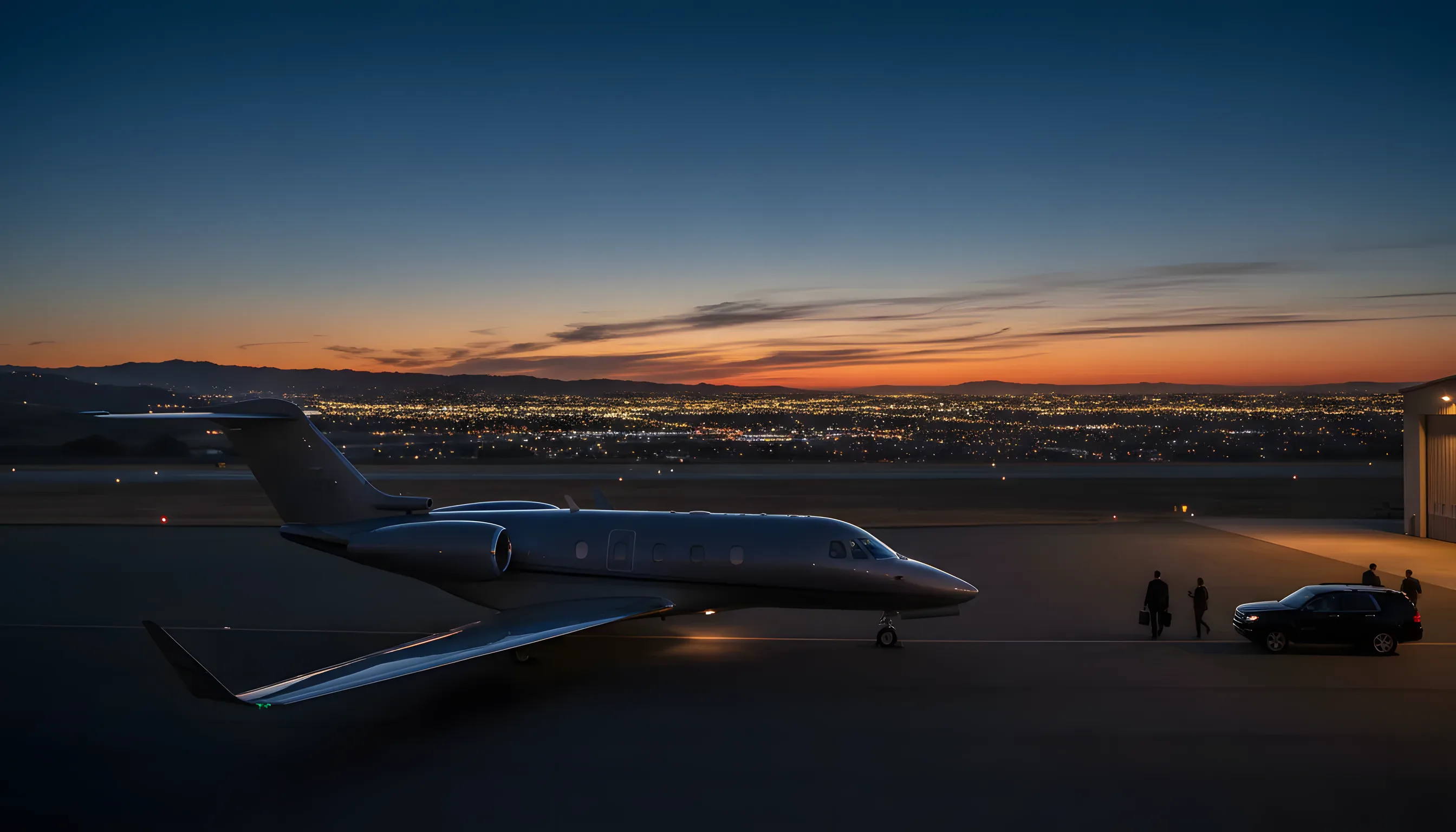 A private jet on an airport tarmac at dusk with distant city lights.