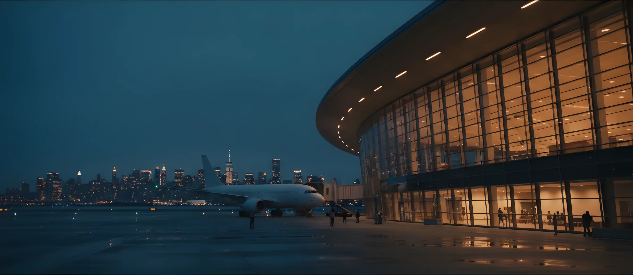 A modern airport terminal at dusk with a passenger jet at the gate and a city skyline in the background.