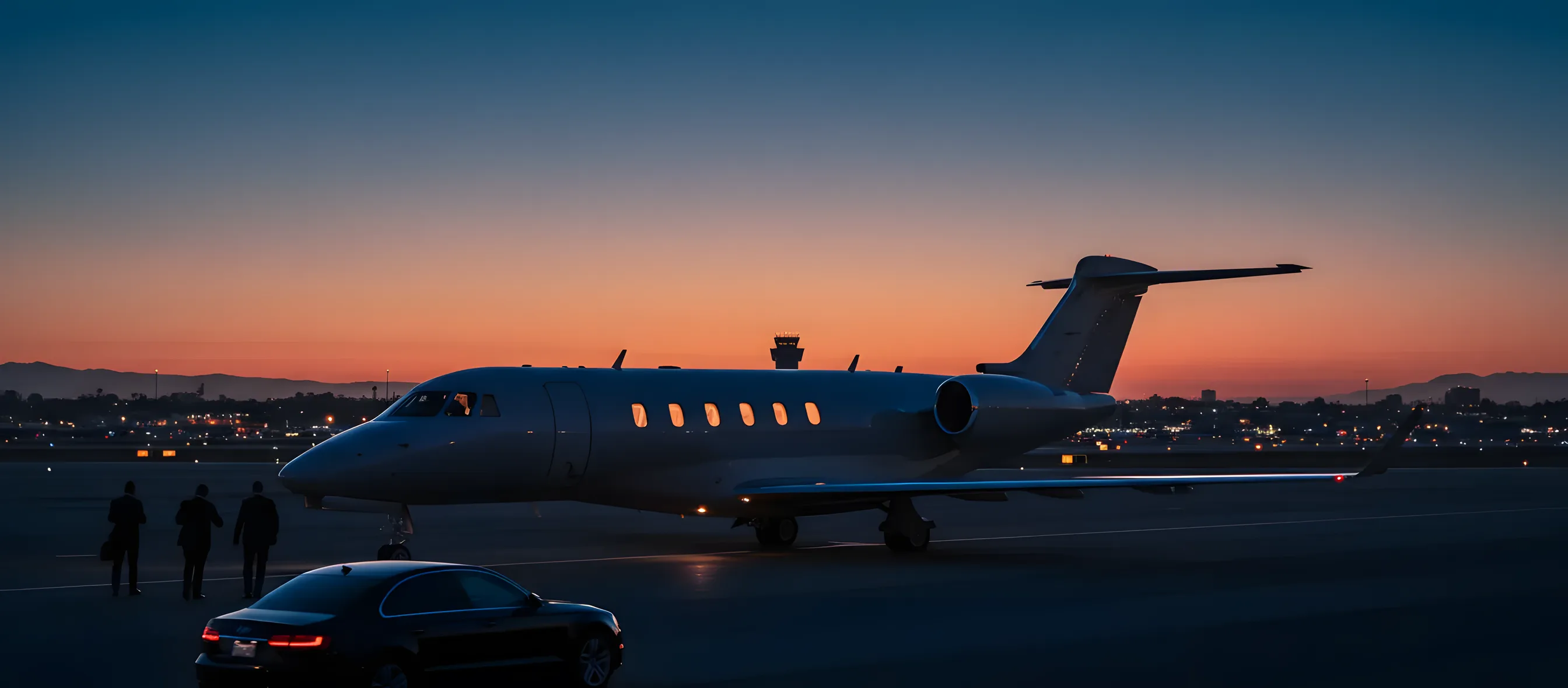 A private jet on an airport tarmac at dusk, with its interior lights on and city lights visible in the distance.