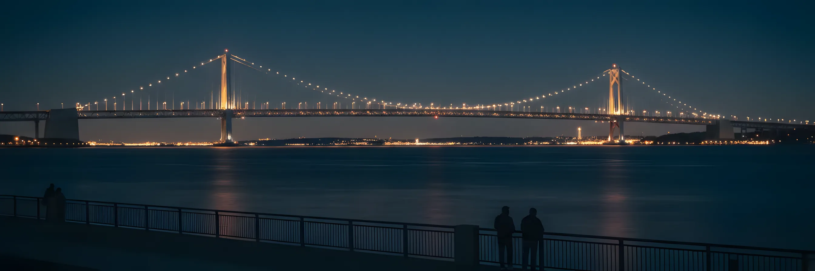 The Verrazzano-Narrows Bridge illuminated at twilight, viewed from the Brooklyn shoreline.
