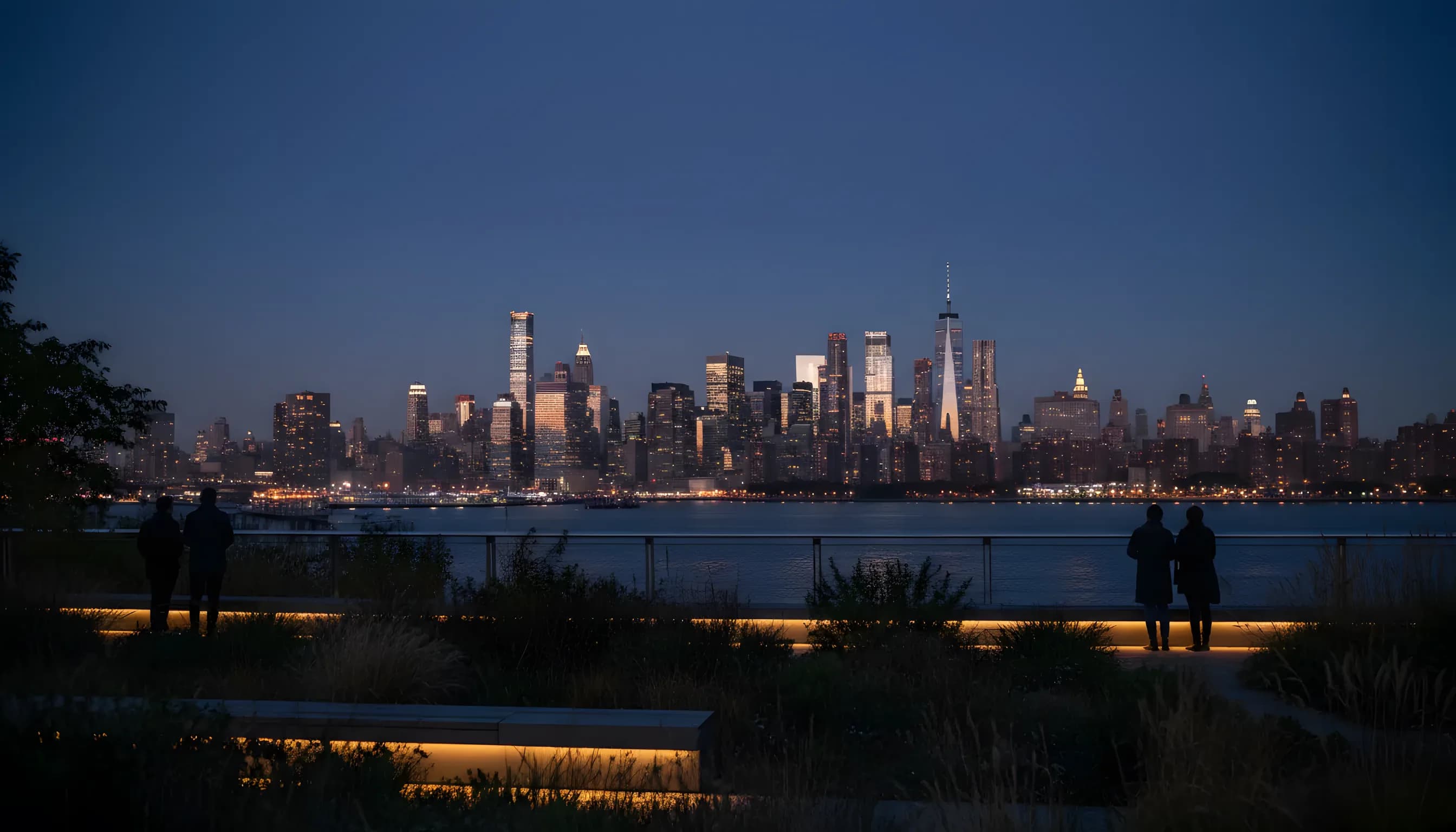 An elevated park with glowing lights and plants overlooking a city skyline at dusk.