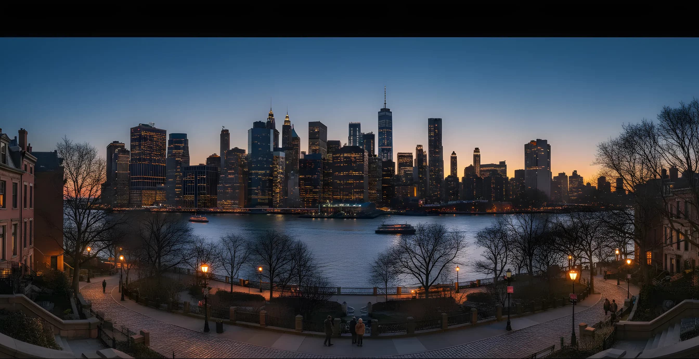 The Lower Manhattan skyline seen from a Brooklyn park at dusk, with warm lights from neighborhood buildings in the foreground.