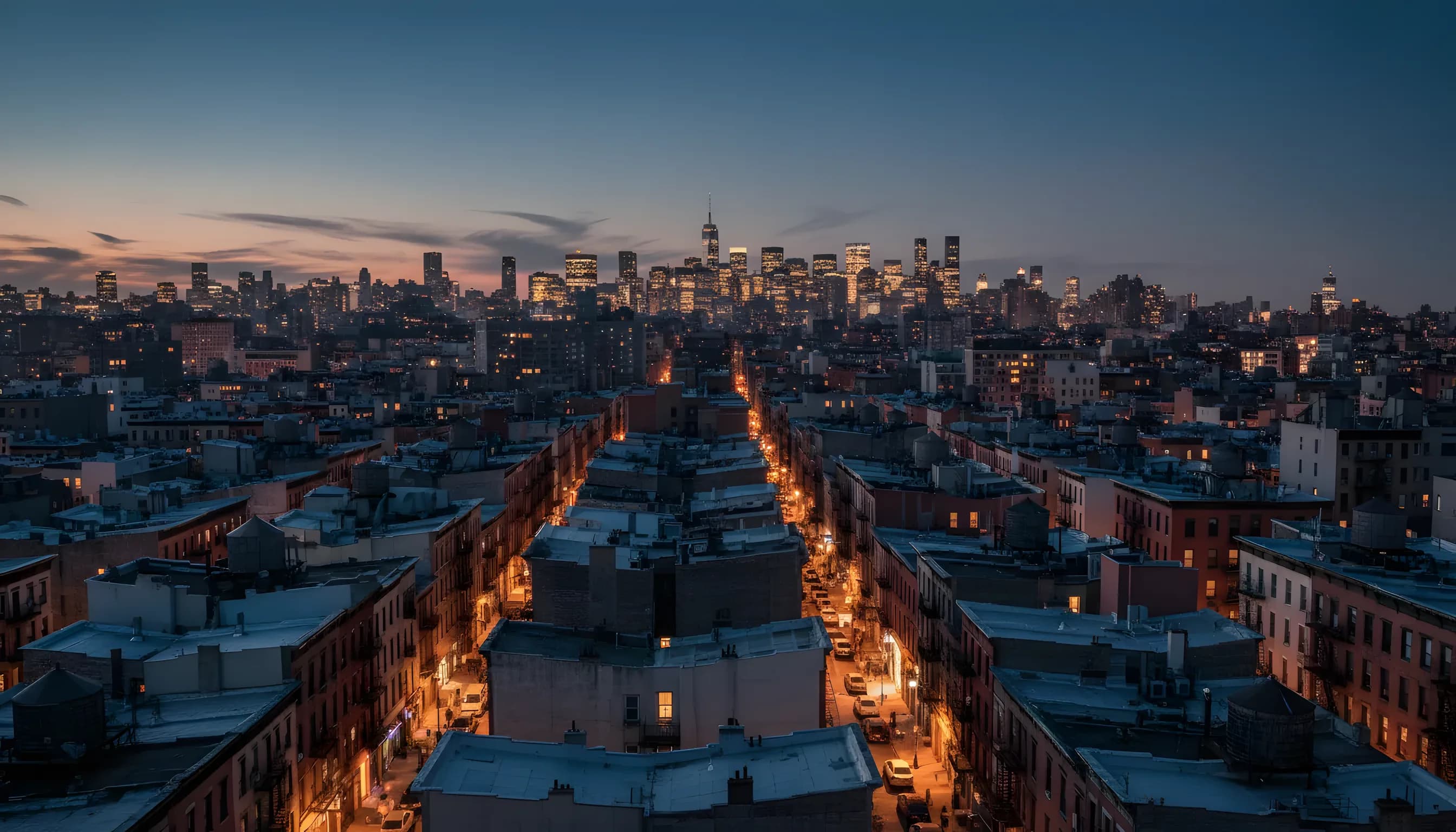 An evening view over the rooftops of New York's East Village, with the Midtown skyline visible in the distance.