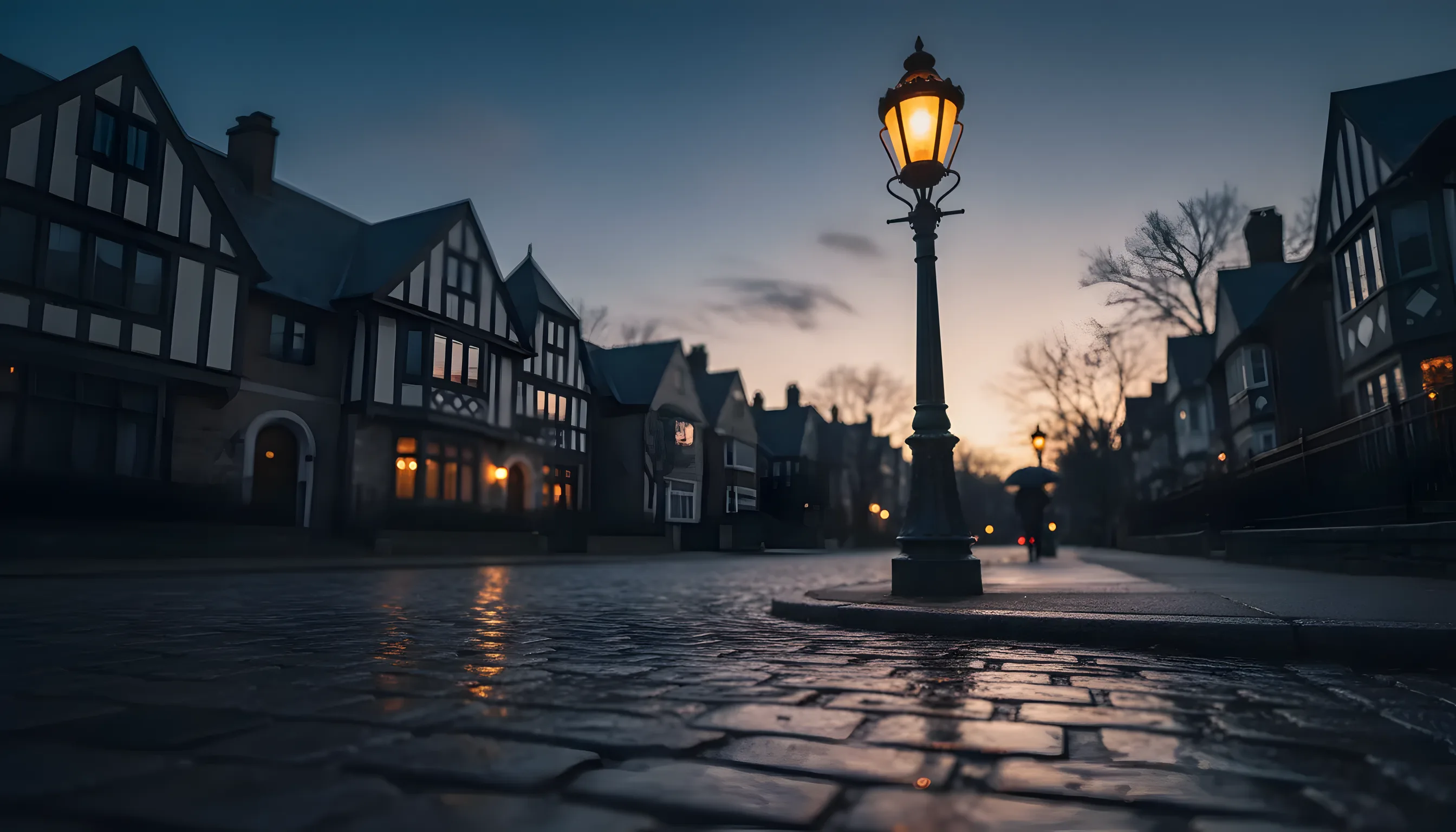 A classic streetlamp on a cobblestone road in Forest Hills, with Tudor-style homes in the background.