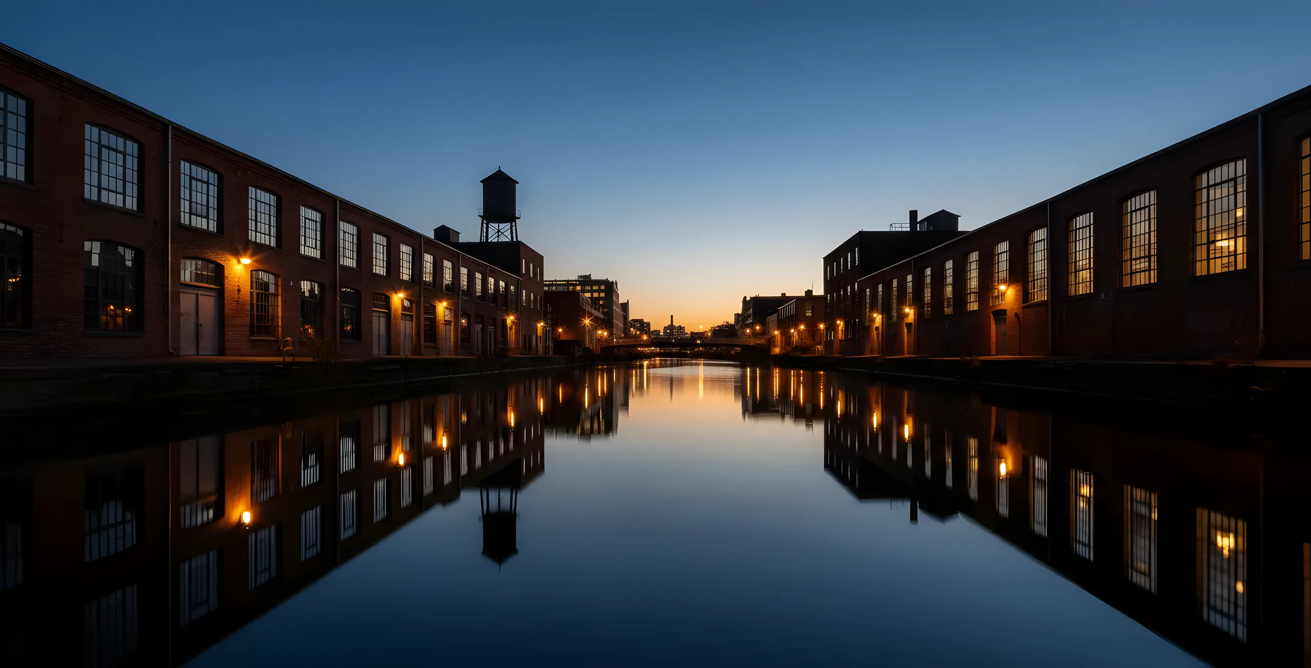 The Gowanus Canal at dusk, with lights from industrial buildings reflecting on the water under a dark blue sky.