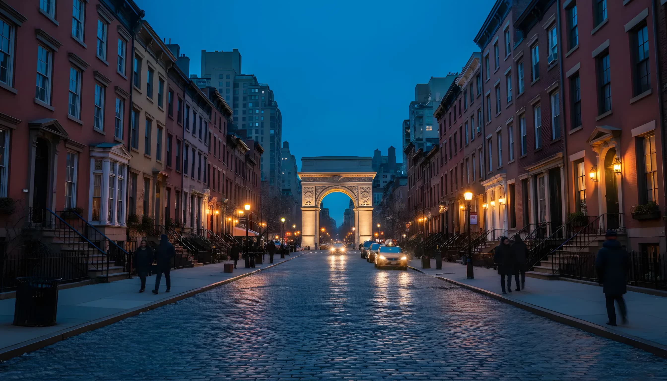 A charming cobblestone street in Greenwich Village at dusk, with glowing brownstones and the Washington Square Arch in the background.