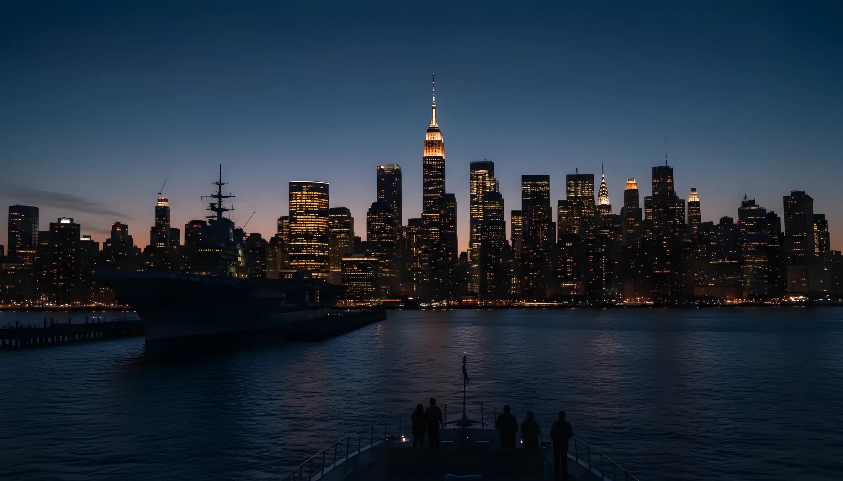 The Midtown Manhattan skyline and the Intrepid Museum viewed from the Hudson River at dusk.