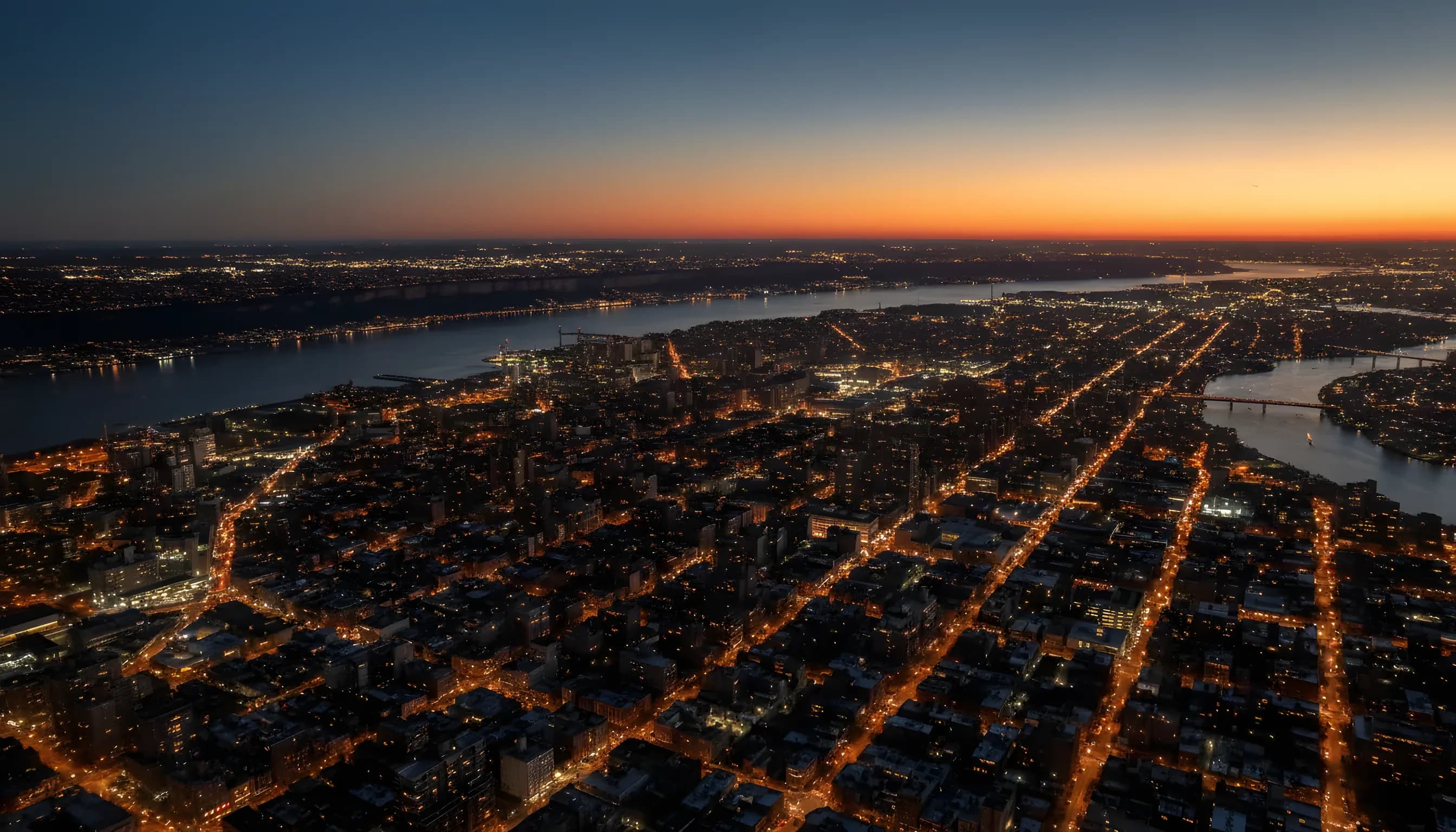 Aerial view of northern Manhattan at dusk, with city lights glowing between the Hudson and Harlem Rivers.