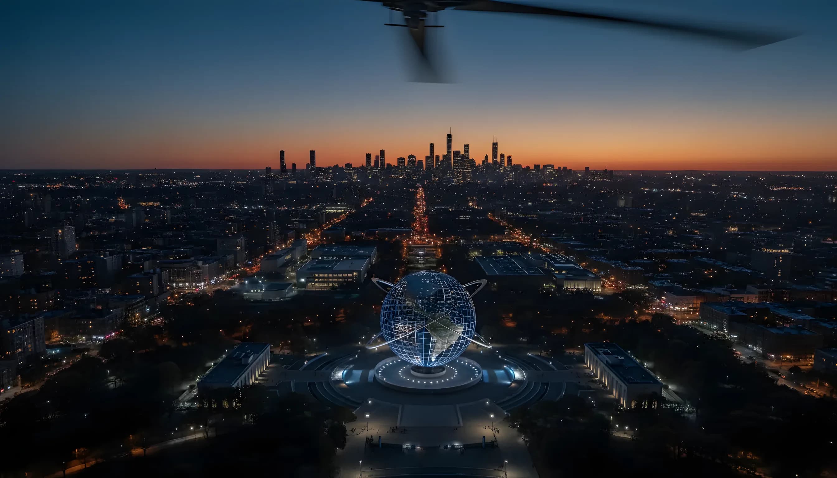 Aerial view of Queens, New York at dusk, with the Unisphere and the distant Manhattan skyline.