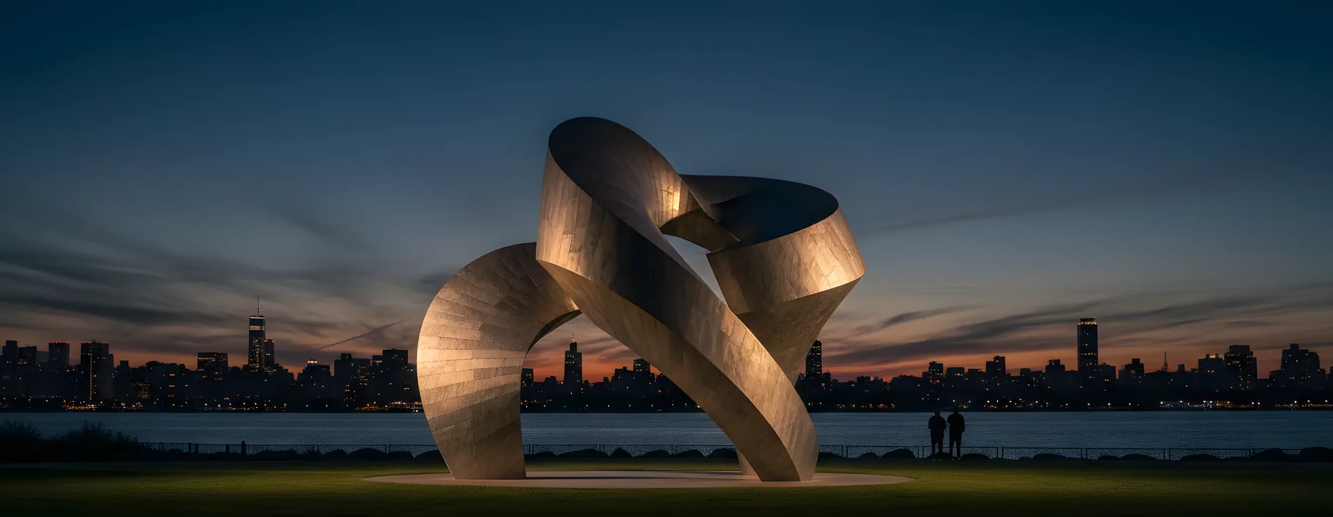 A large, modern sculpture on the grass at Socrates Sculpture Park with the East River in the background.