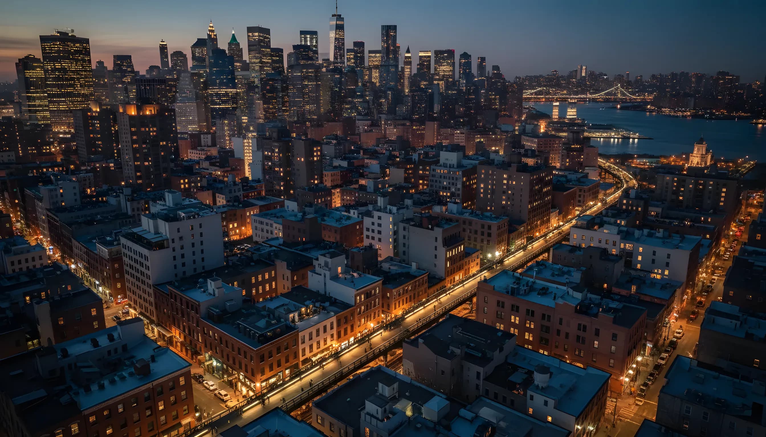 Aerial view of the Meatpacking District and the High Line park in New York City at dusk.
