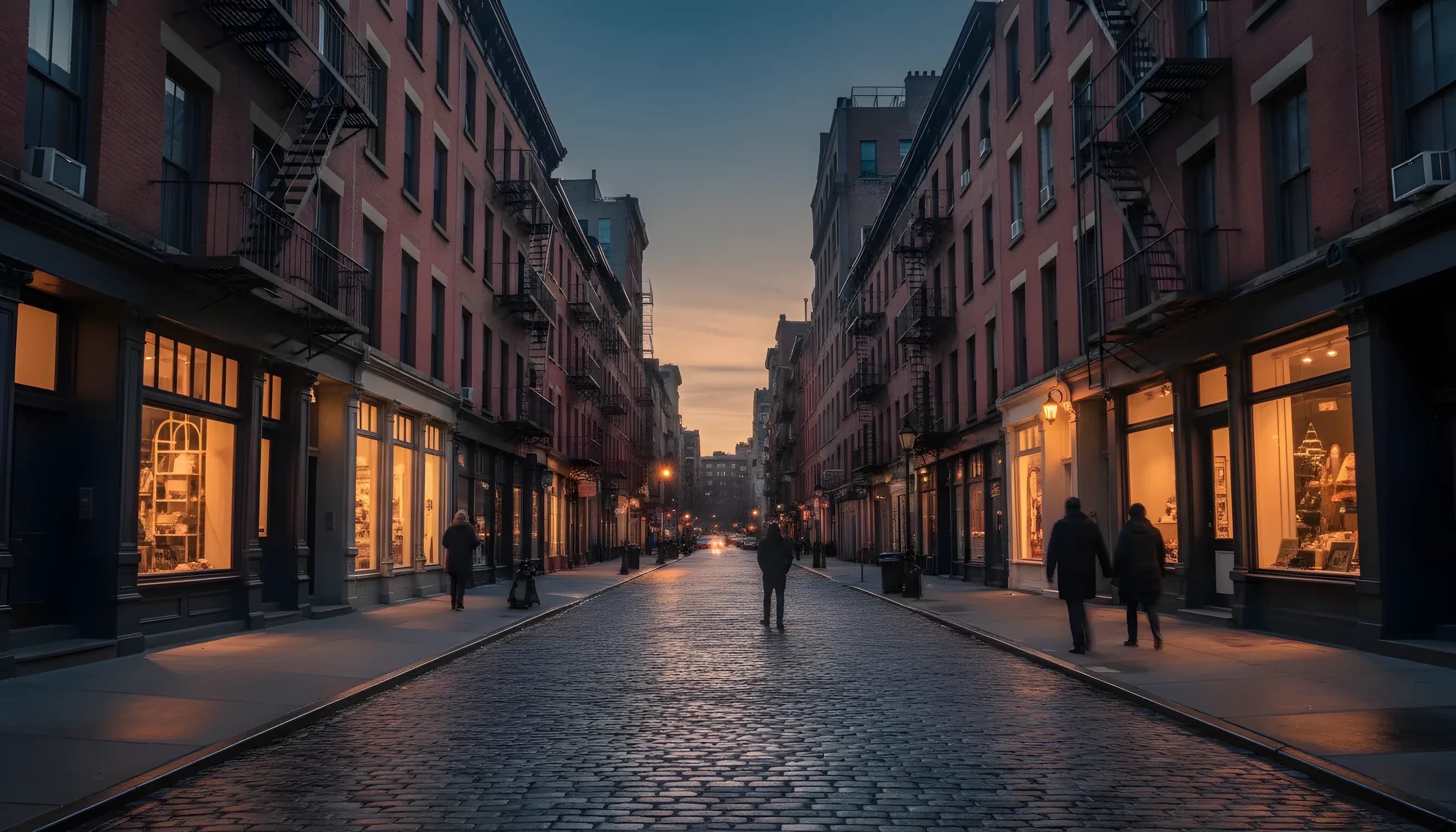 A charming street in New York's NoLita neighborhood at dusk, with glowing lights from shops and restaurants.