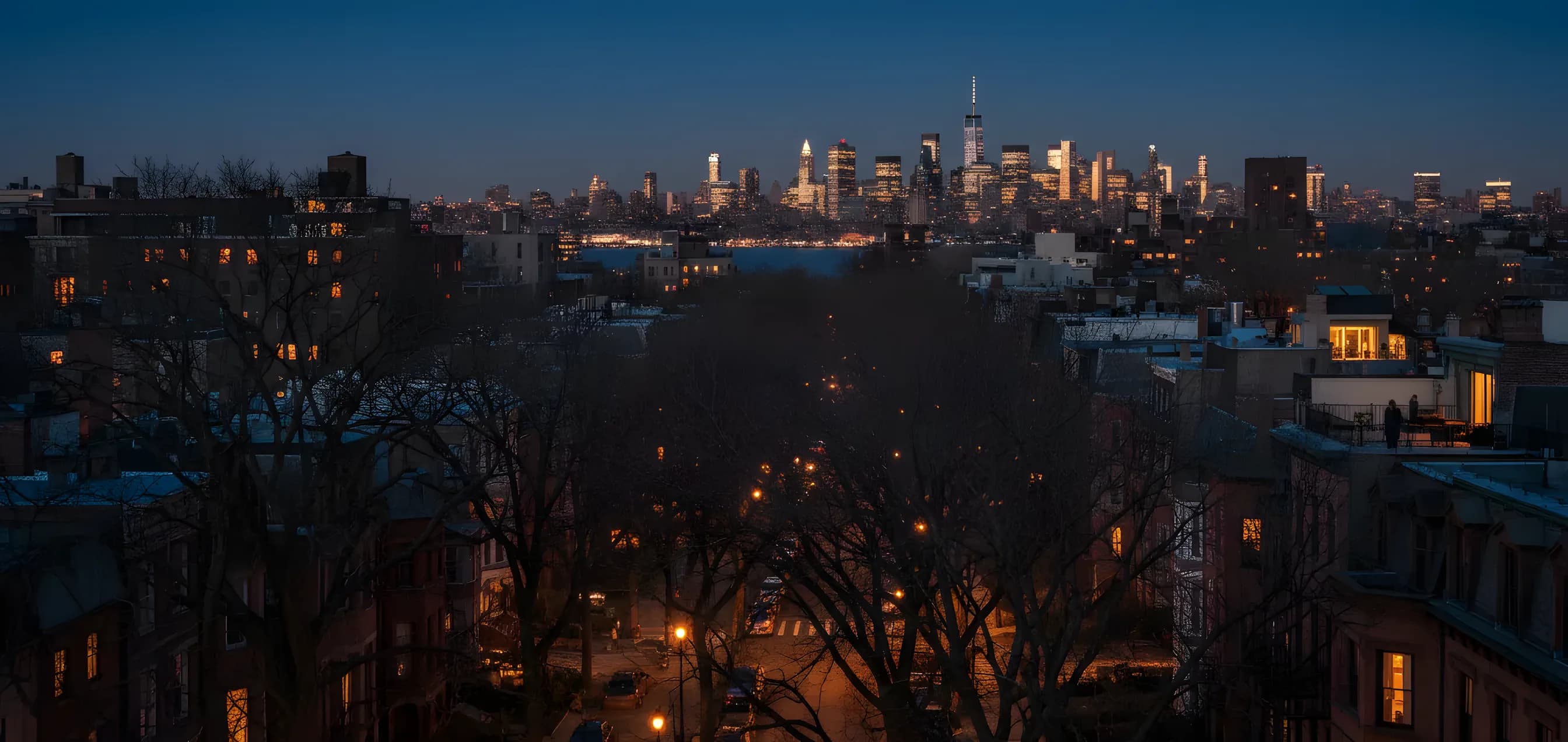 A twilight view over the rooftops and tree-lined streets of Park Slope, Brooklyn, with the Manhattan skyline in the distance.