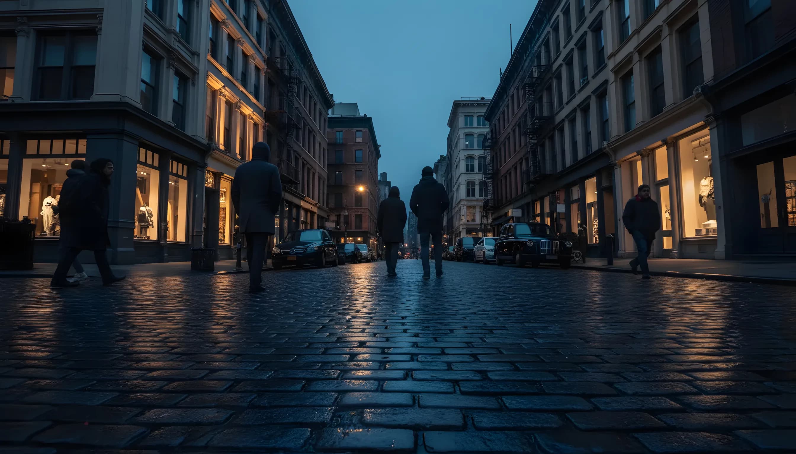 A cobblestone street in SoHo at dusk, with warm light from shops illuminating historic cast-iron buildings.