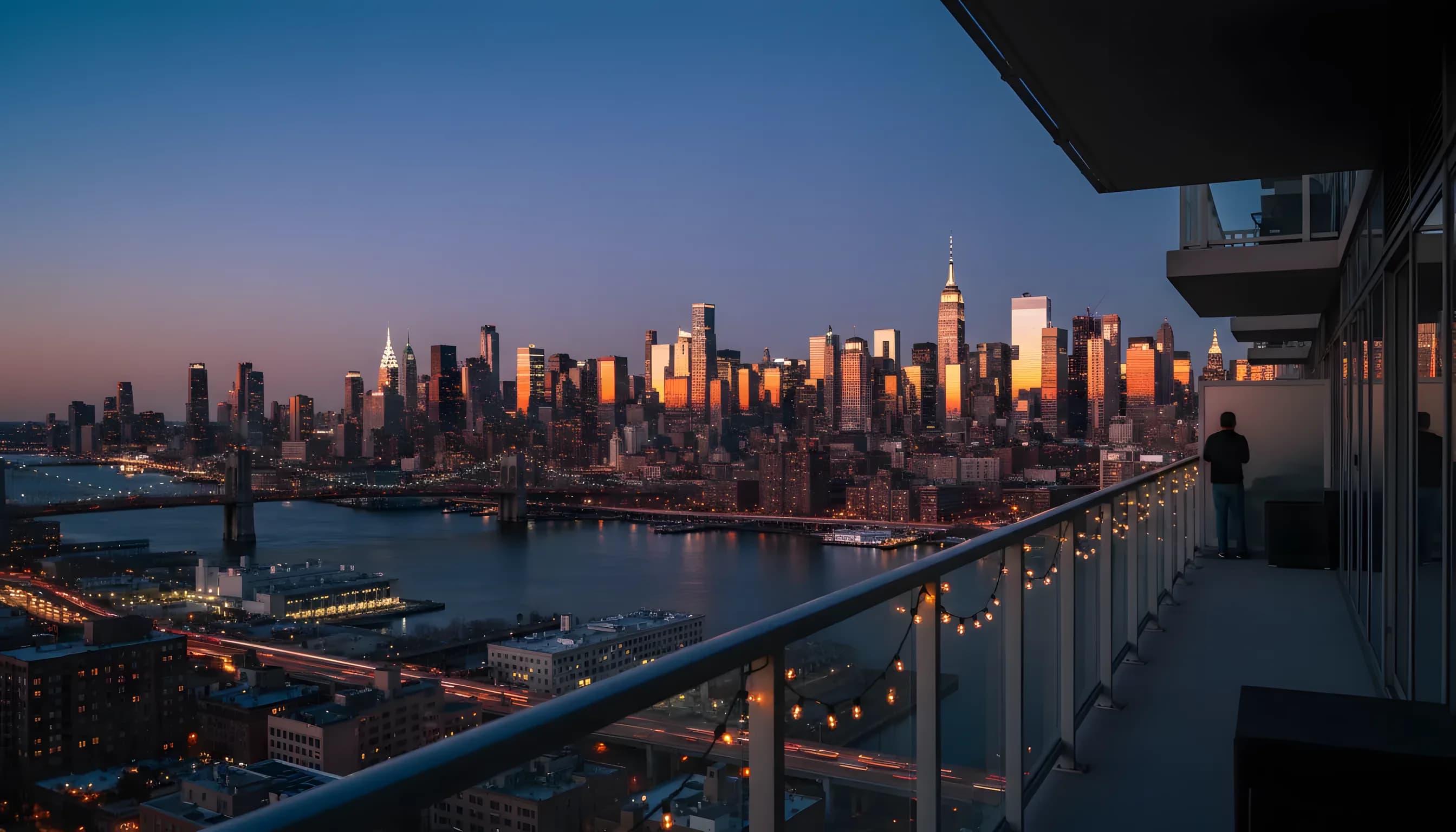 Manhattan skyline and the East River at twilight, viewed from a balcony in Queens.