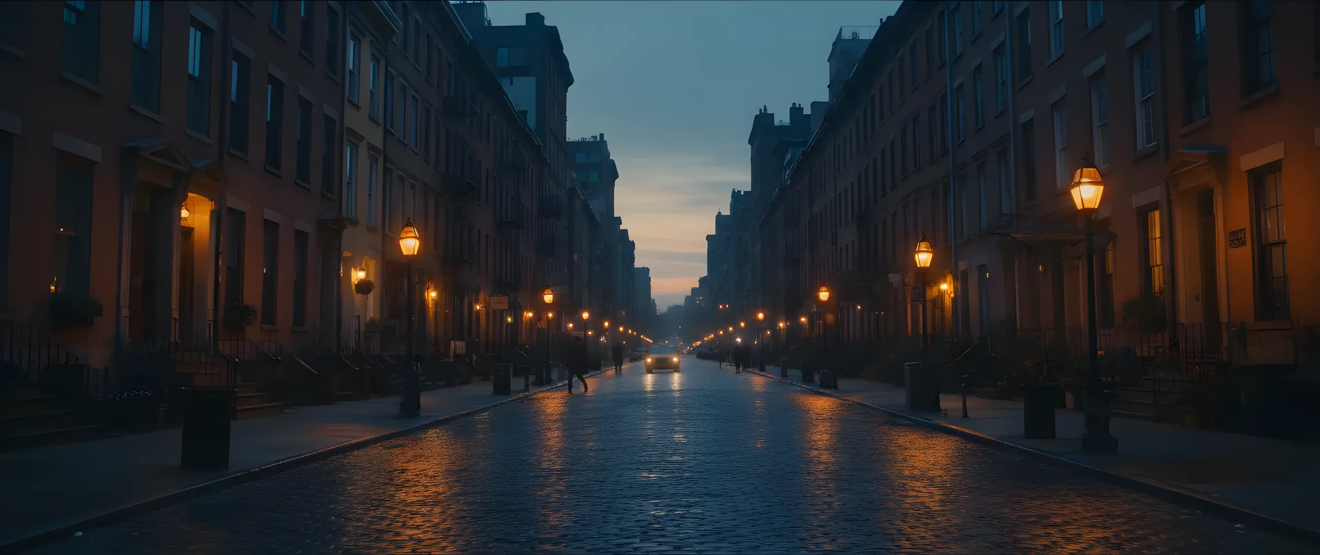 A cobblestone street in New York's West Village at dusk, lined with glowing brownstone townhouses.