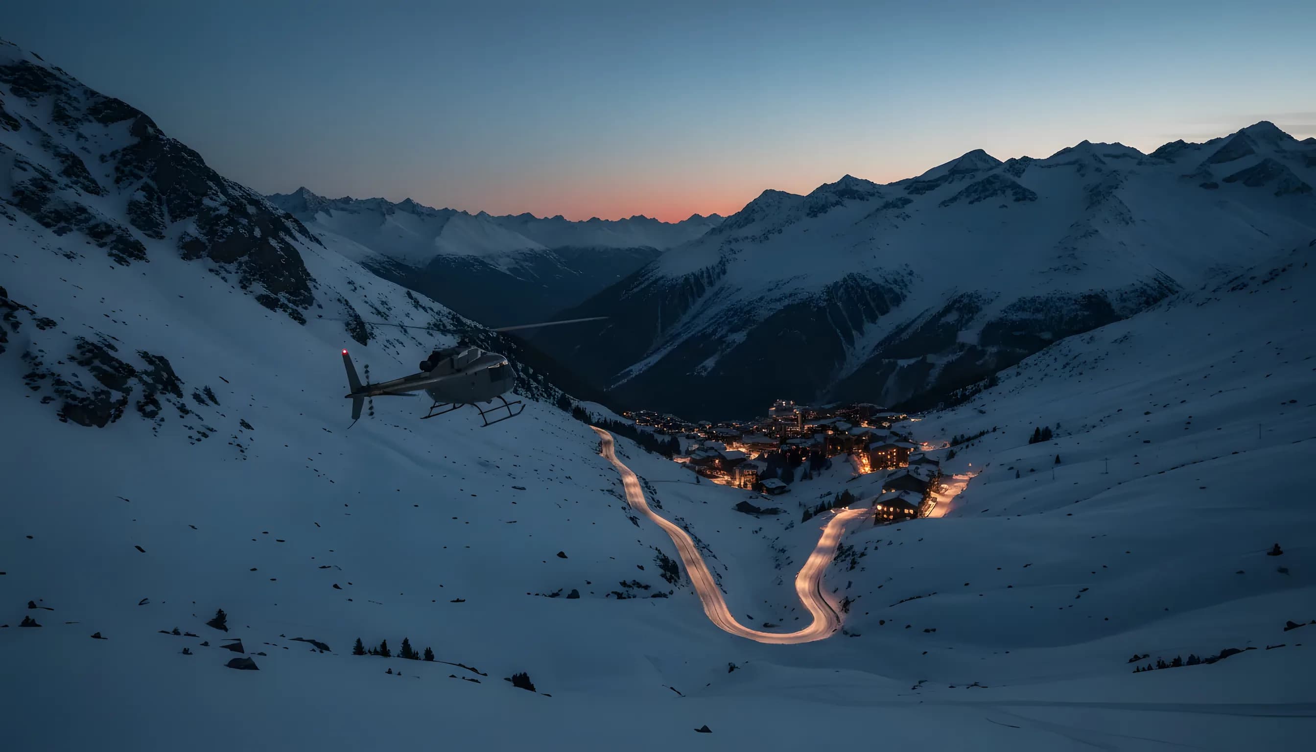 A helicopter flies over a snowy mountain valley at dusk toward a glowing ski resort.